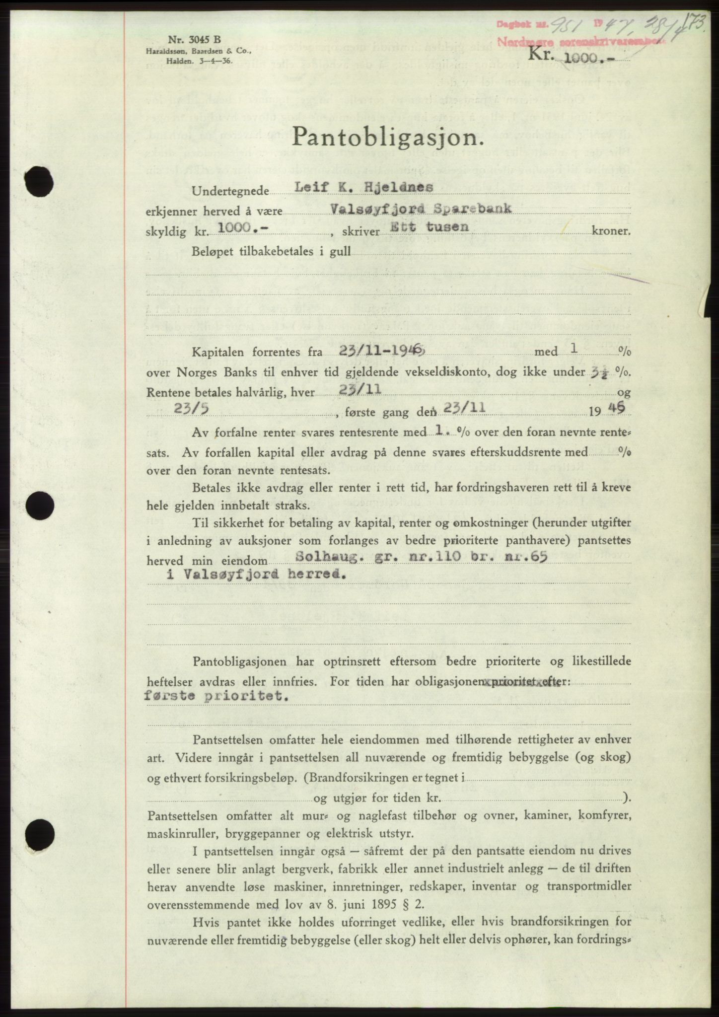 Nordmøre sorenskriveri, AV/SAT-A-4132/1/2/2Ca: Pantebok nr. B96, 1947-1947, Dagboknr: 951/1947