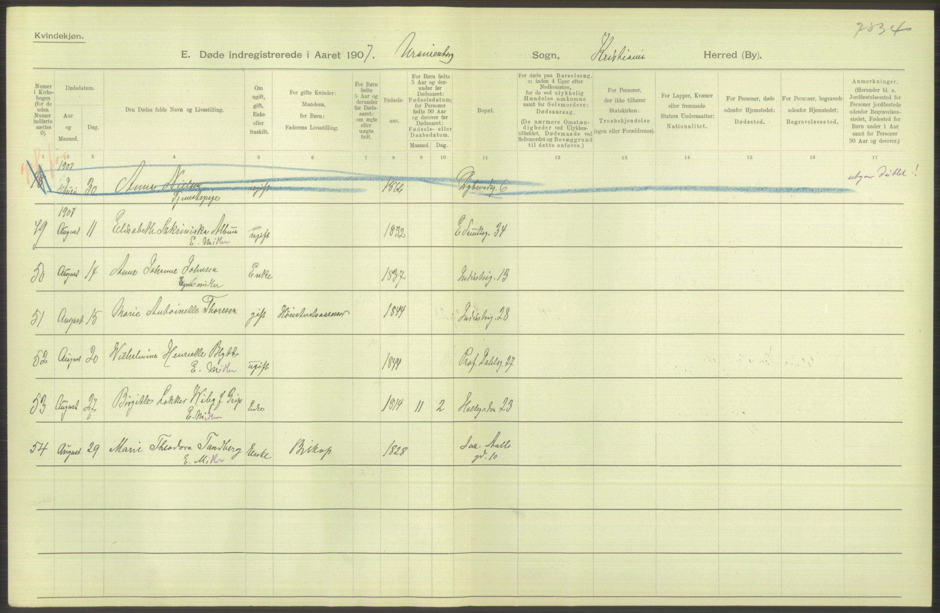 Statistisk sentralbyrå, Sosiodemografiske emner, Befolkning, AV/RA-S-2228/D/Df/Dfa/Dfae/L0009: Kristiania: Døde, 1907, s. 328