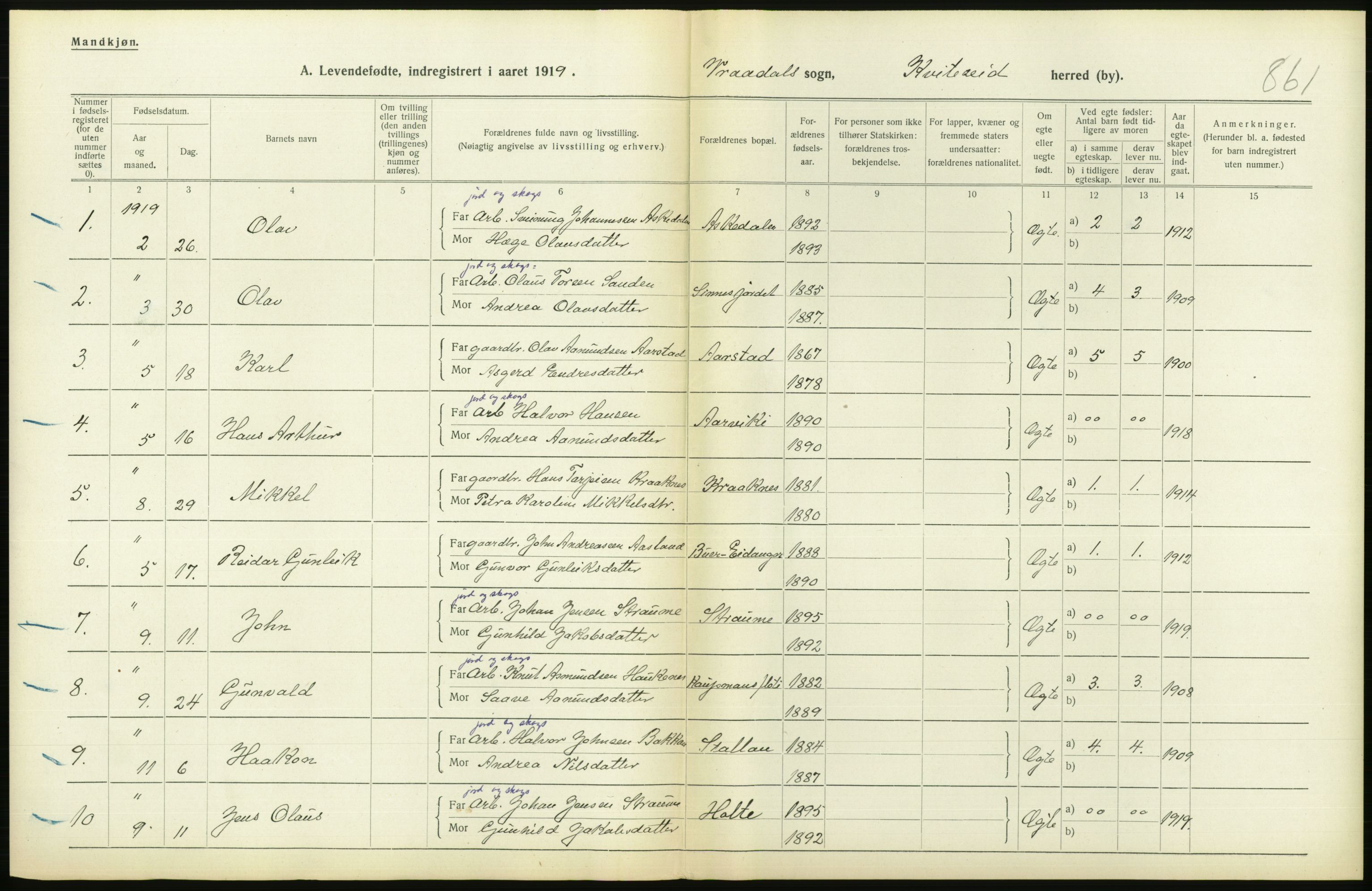 Statistisk sentralbyrå, Sosiodemografiske emner, Befolkning, RA/S-2228/D/Df/Dfb/Dfbi/L0021: Telemark fylke: Levendefødte menn og kvinner. Bygder., 1919, s. 274