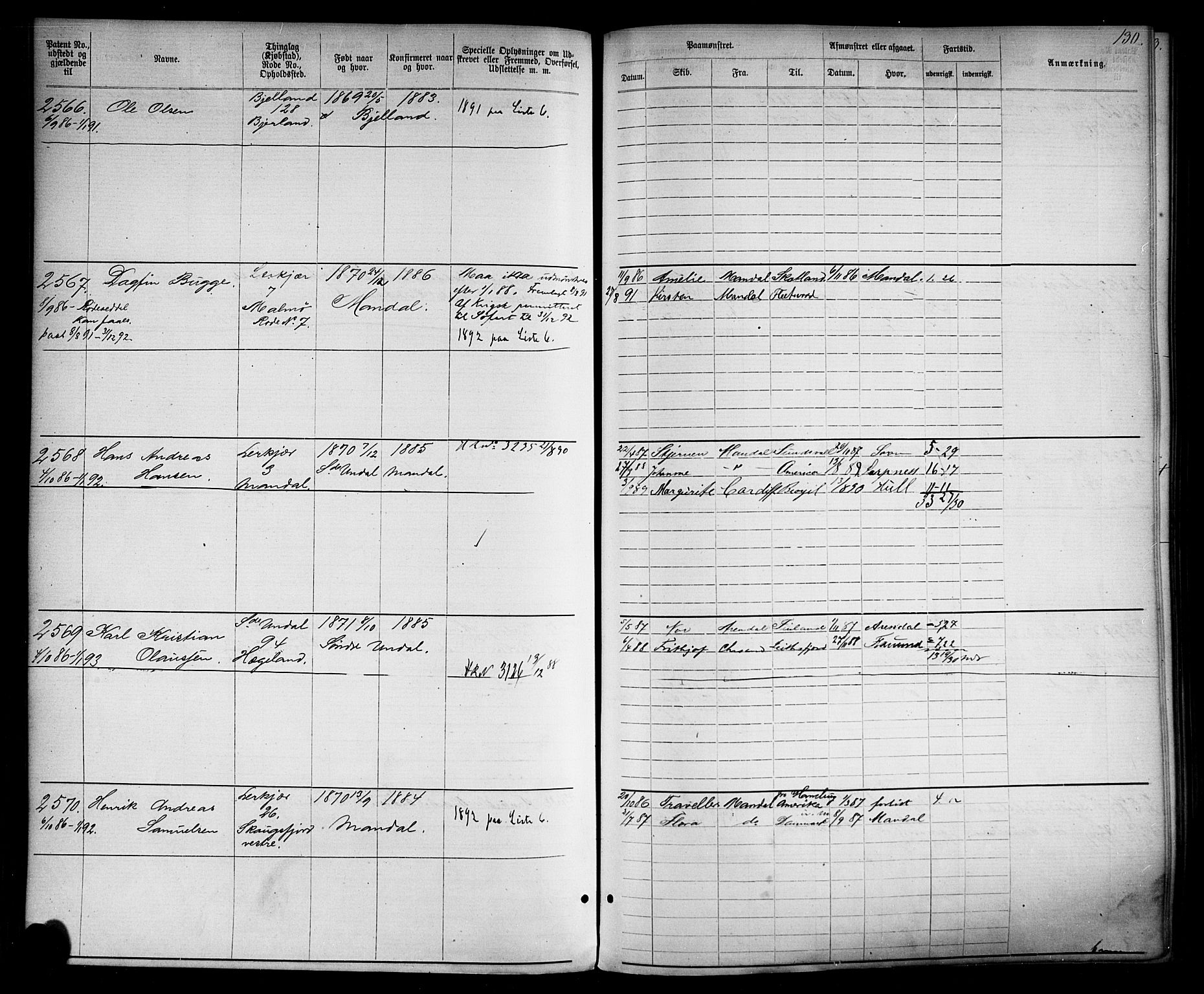 Mandal mønstringskrets, SAK/2031-0016/F/Fa/L0002: Annotasjonsrulle nr 1921-3830 med register, L-4, 1881-1901, s. 164