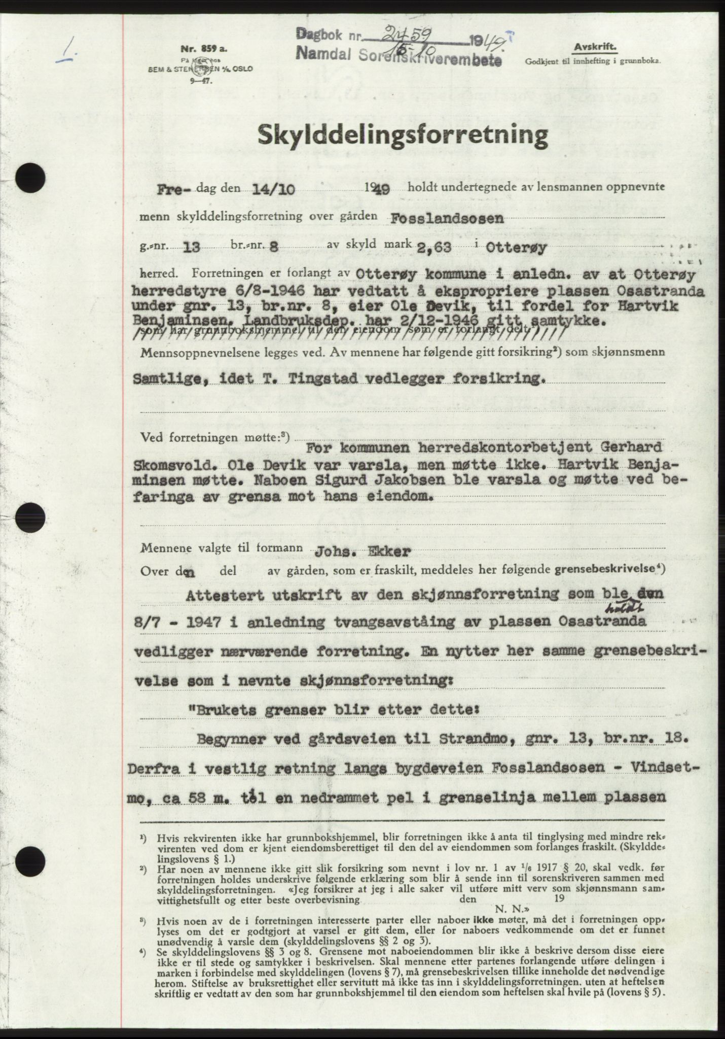 Namdal sorenskriveri, SAT/A-4133/1/2/2C: Pantebok nr. -, 1949-1949, Dagboknr: 2459/1949