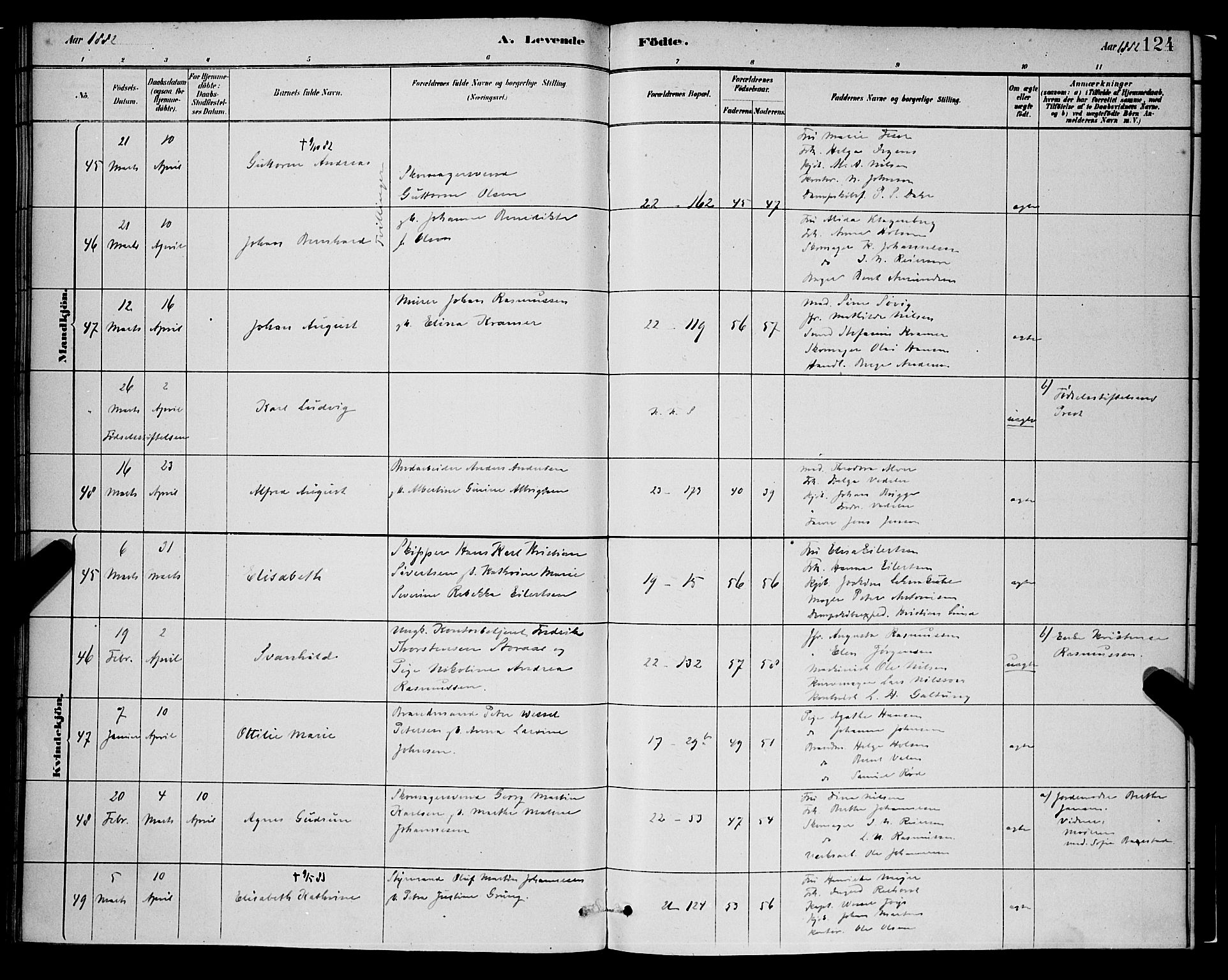 Korskirken sokneprestembete, SAB/A-76101/H/Hab: Klokkerbok nr. B 8, 1878-1887, s. 124