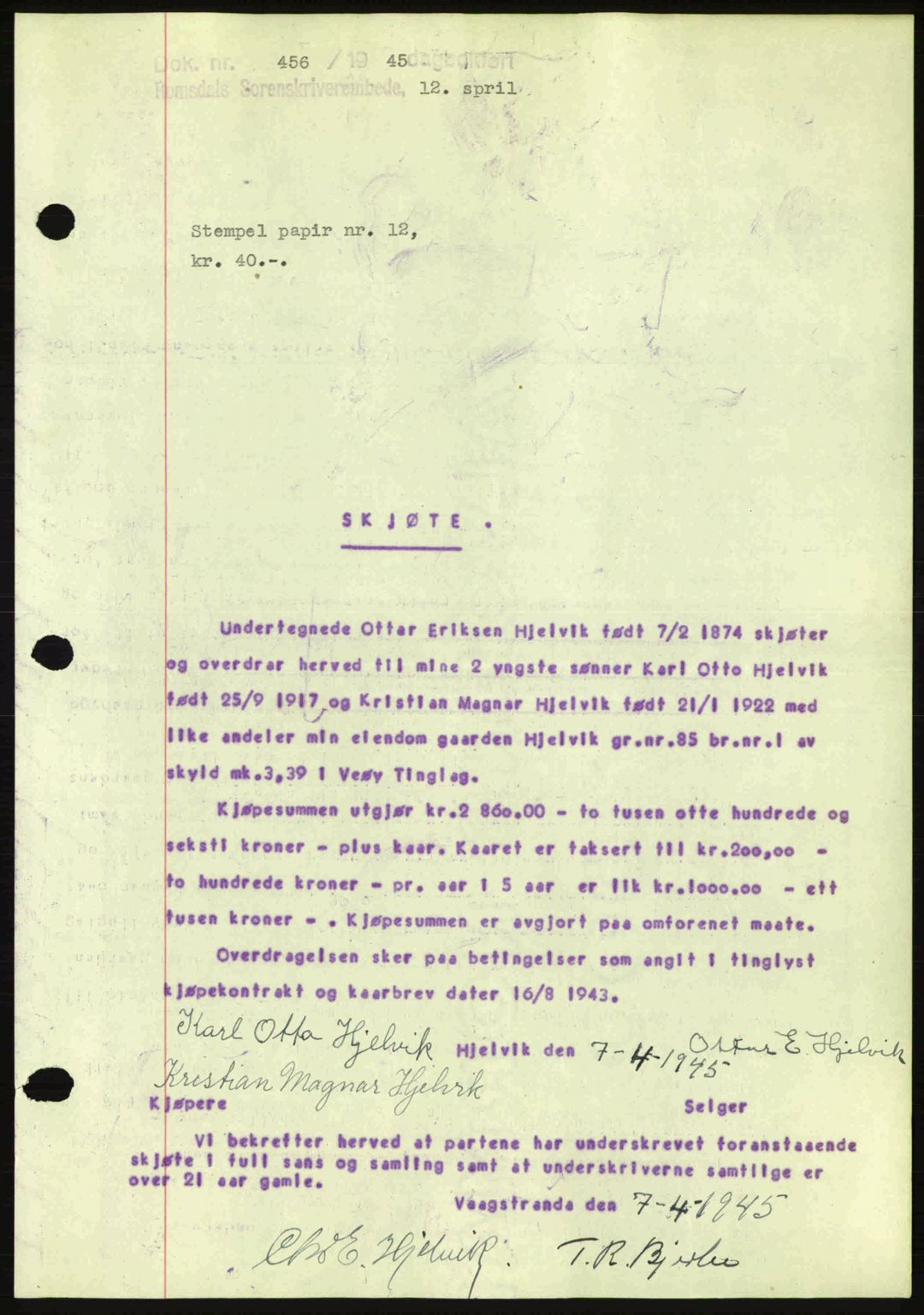 Romsdal sorenskriveri, SAT/A-4149/1/2/2C: Pantebok nr. A17, 1944-1945, Dagboknr: 456/1945