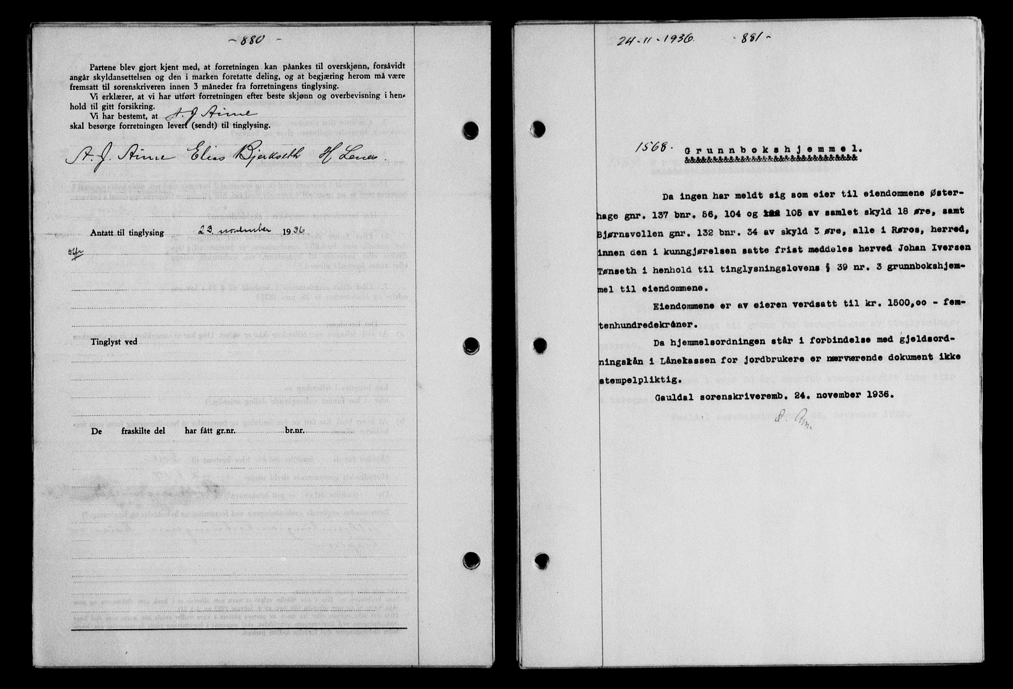 Gauldal sorenskriveri, SAT/A-0014/1/2/2C/L0046: Pantebok nr. 49-50, 1936-1937, Dagboknr: 1568/1936