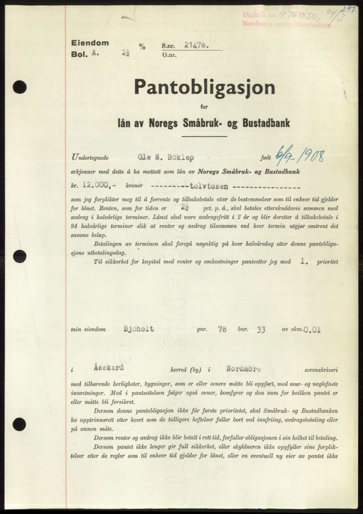 Nordmøre sorenskriveri, SAT/A-4132/1/2/2Ca: Pantebok nr. B104, 1950-1950, Dagboknr: 976/1950