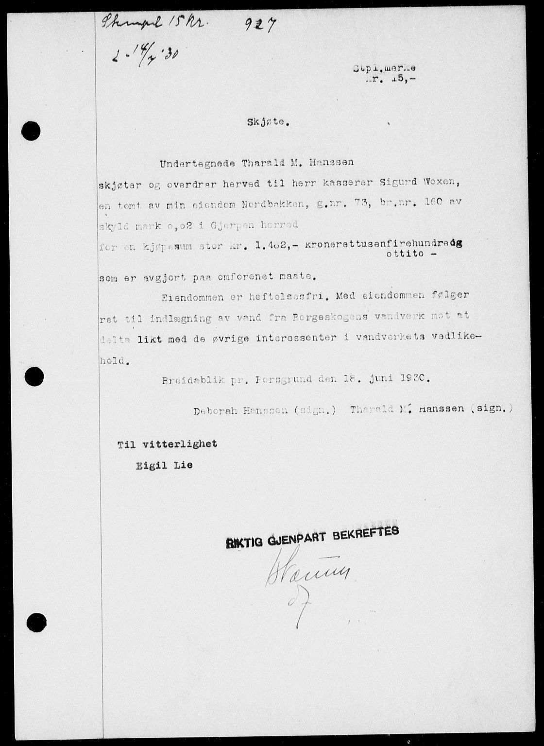 Gjerpen sorenskriveri, SAKO/A-216/G/Ga/Gaa/L0054: Pantebok nr. I 54-56, 1930-1931, s. 927, Tingl.dato: 14.07.1930