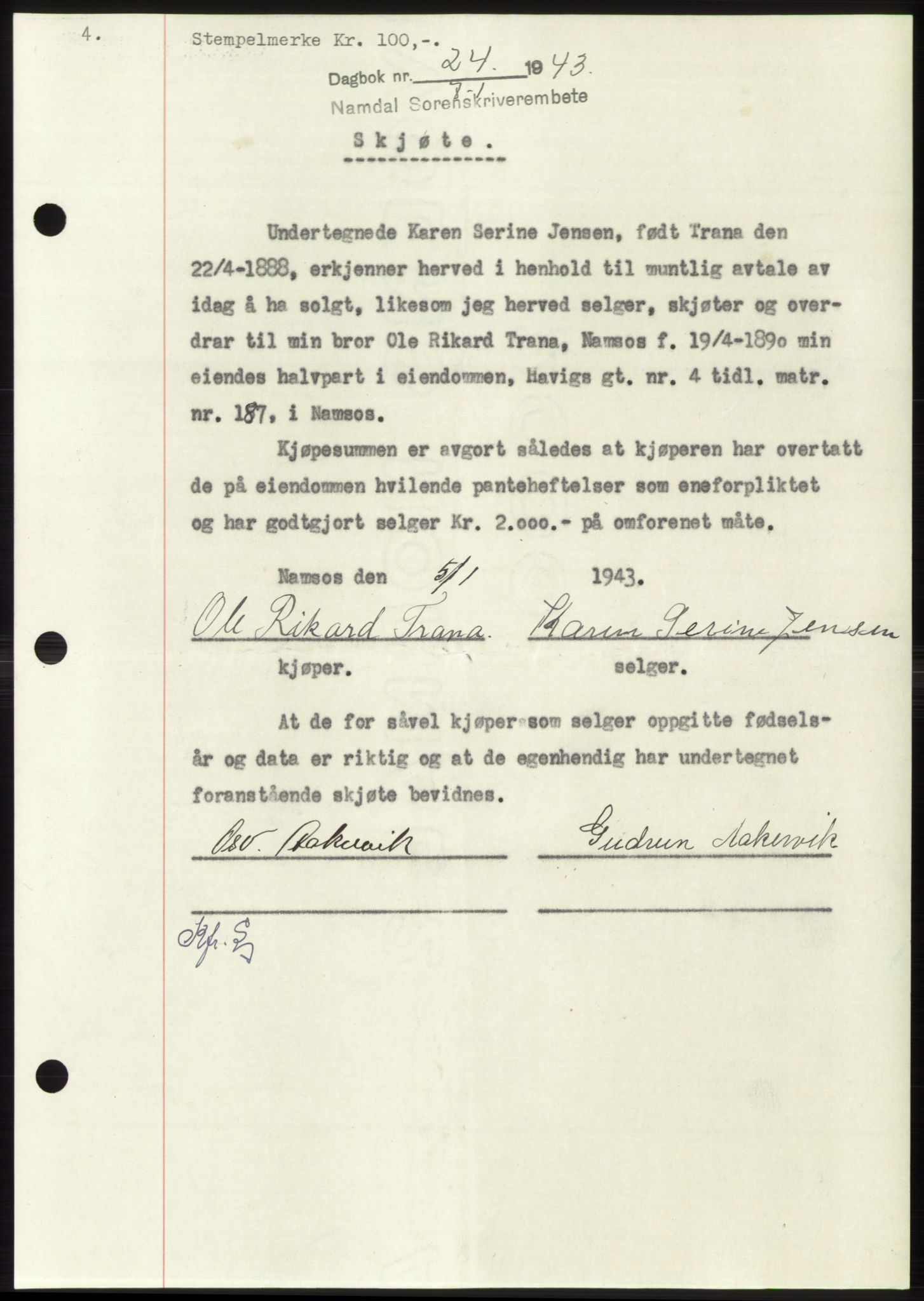 Namdal sorenskriveri, SAT/A-4133/1/2/2C: Pantebok nr. -, 1942-1943, Dagboknr: 24/1943