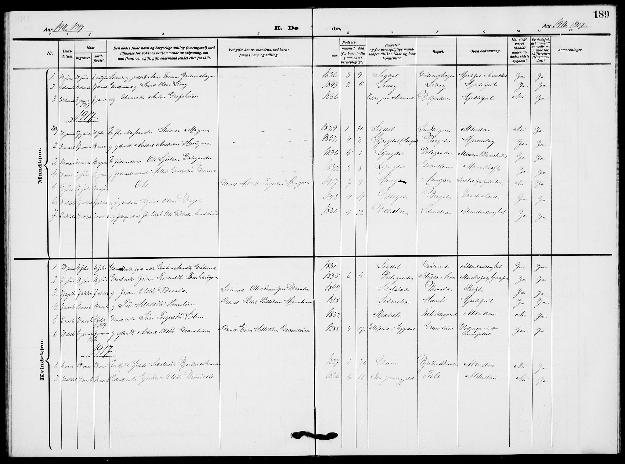 Flesberg kirkebøker, AV/SAKO-A-18/G/Ga/L0006: Klokkerbok nr. I 6, 1909-1924, s. 189
