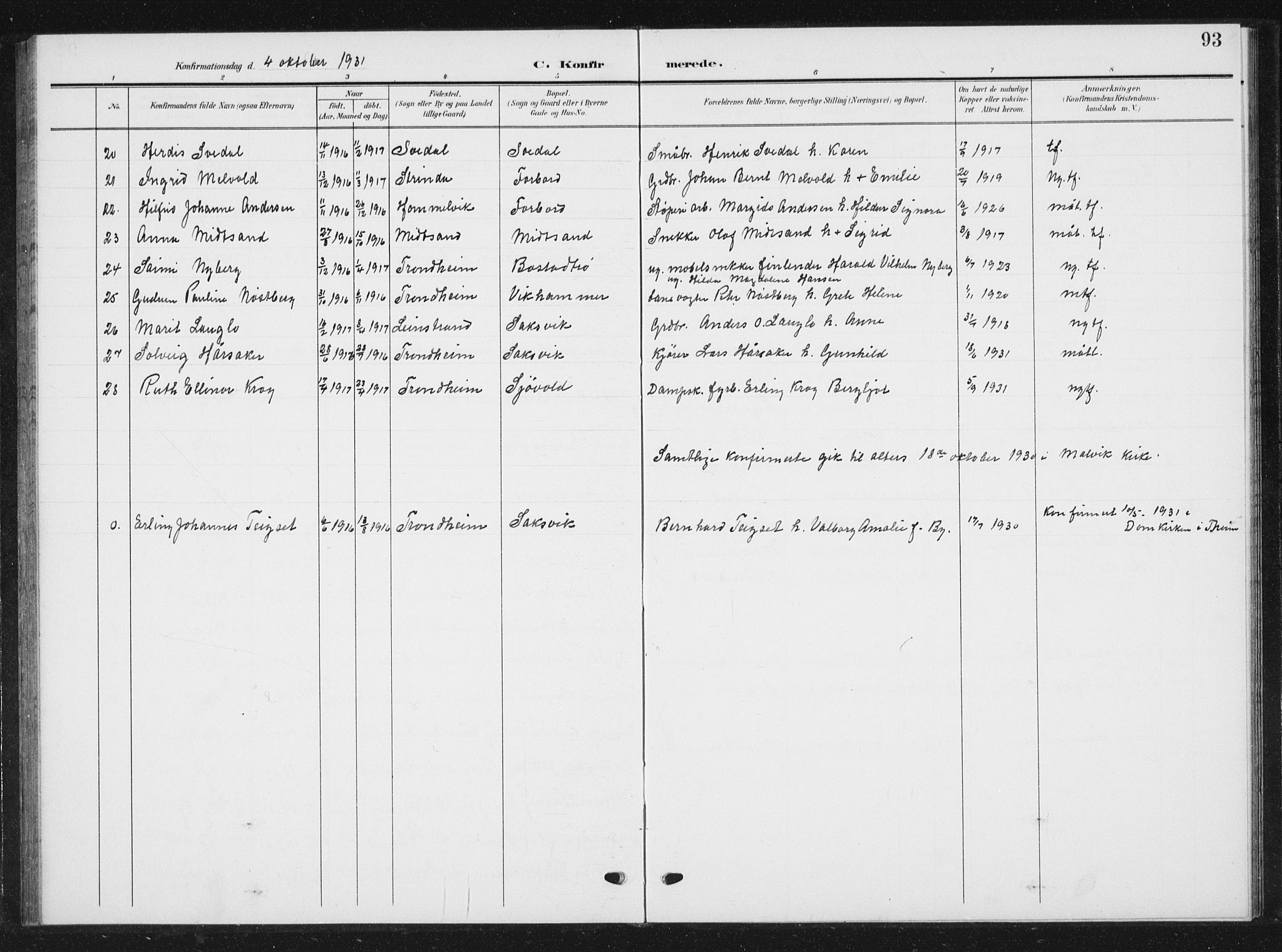 Ministerialprotokoller, klokkerbøker og fødselsregistre - Sør-Trøndelag, AV/SAT-A-1456/616/L0424: Klokkerbok nr. 616C07, 1904-1940, s. 93