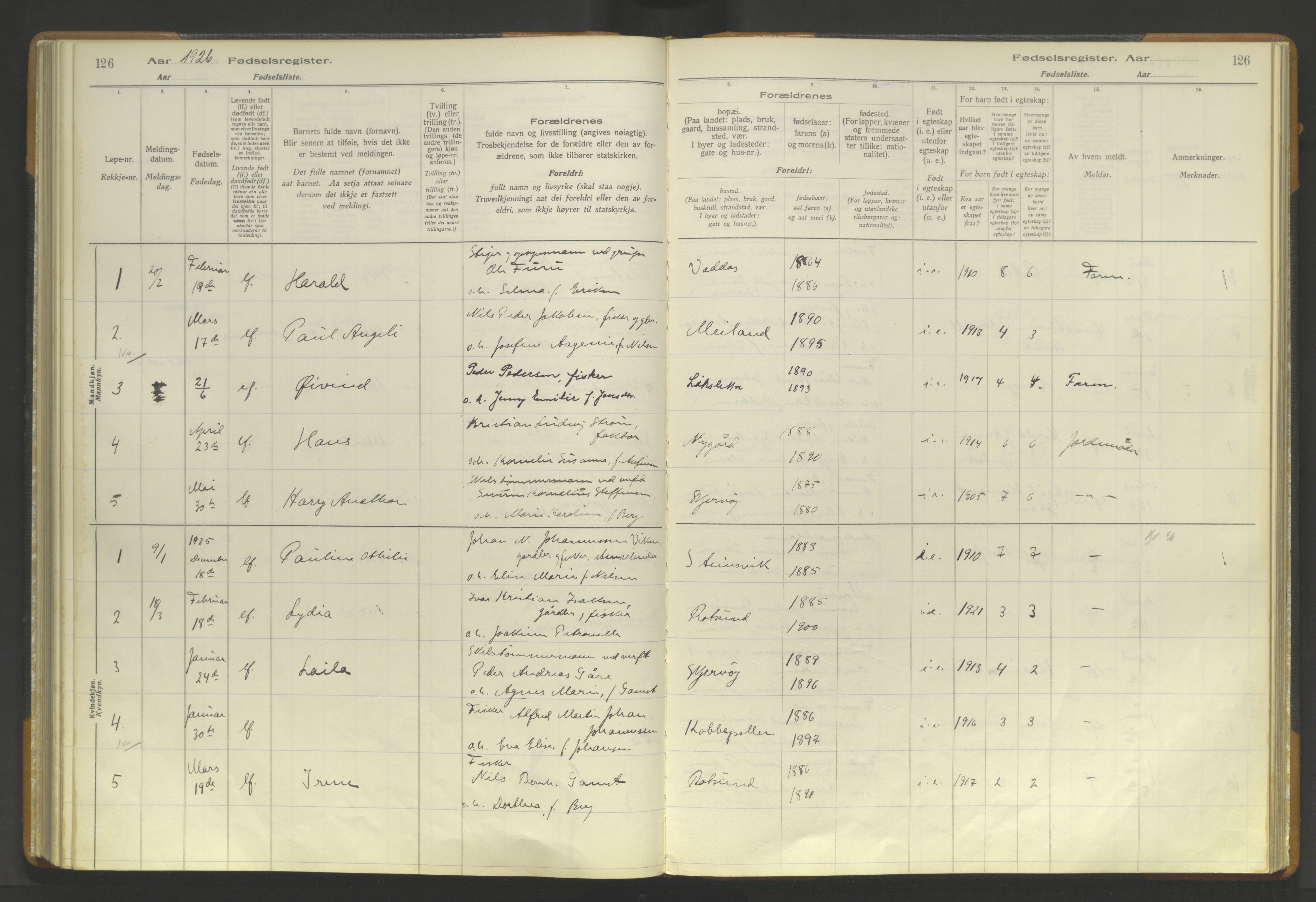 Skjervøy sokneprestkontor, AV/SATØ-S-1300/I/Ia/L0056: Fødselsregister nr. 56, 1916-1932, s. 126