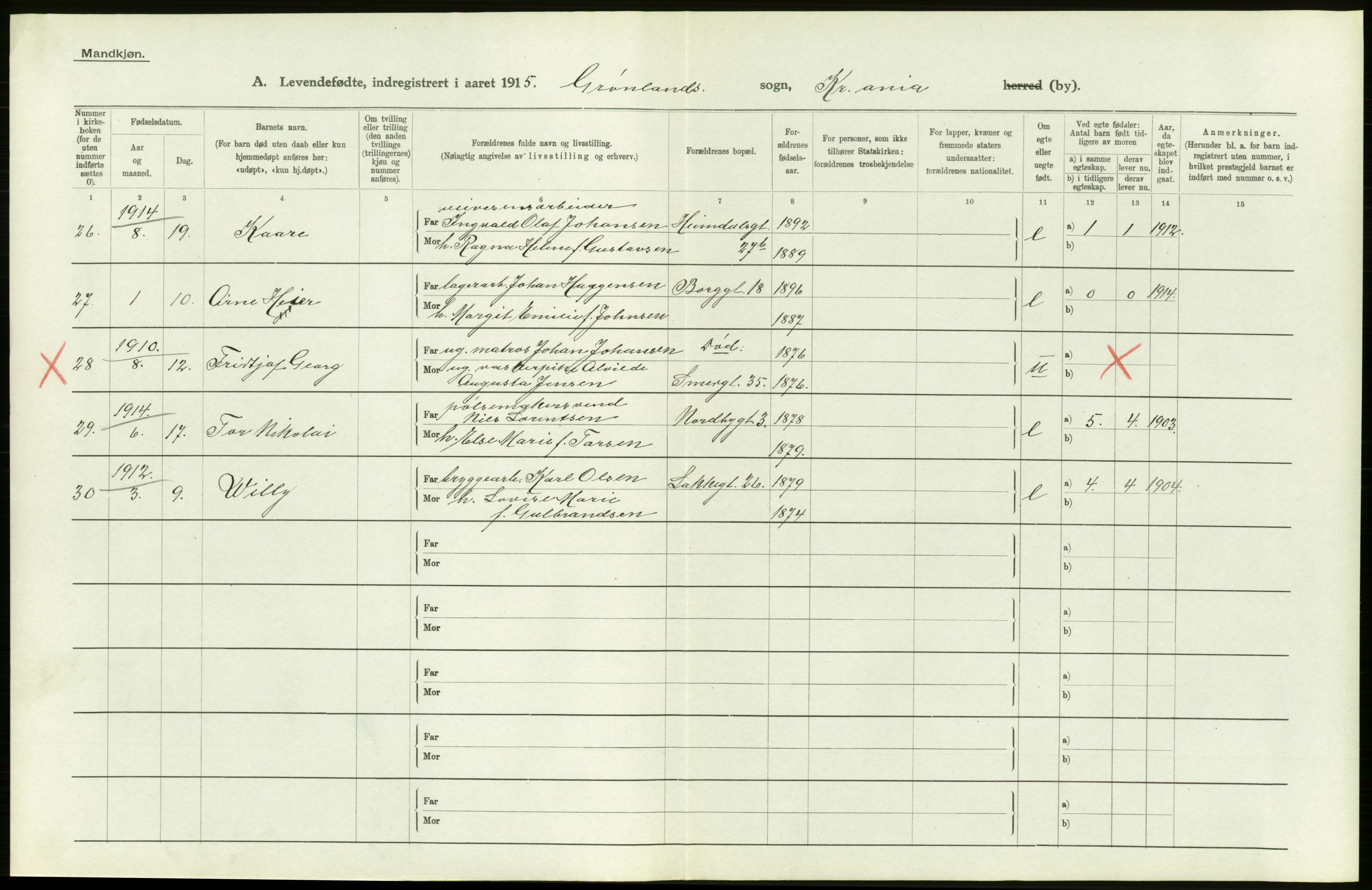 Statistisk sentralbyrå, Sosiodemografiske emner, Befolkning, AV/RA-S-2228/D/Df/Dfb/Dfbe/L0006: Kristiania: Levendefødte menn og kvinner., 1915, s. 714