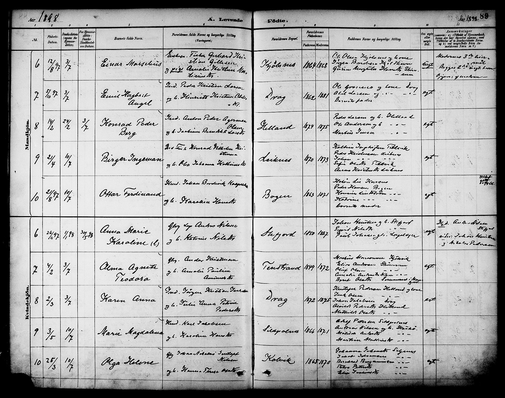 Ministerialprotokoller, klokkerbøker og fødselsregistre - Nordland, AV/SAT-A-1459/861/L0869: Ministerialbok nr. 861A04, 1889-1903, s. 89