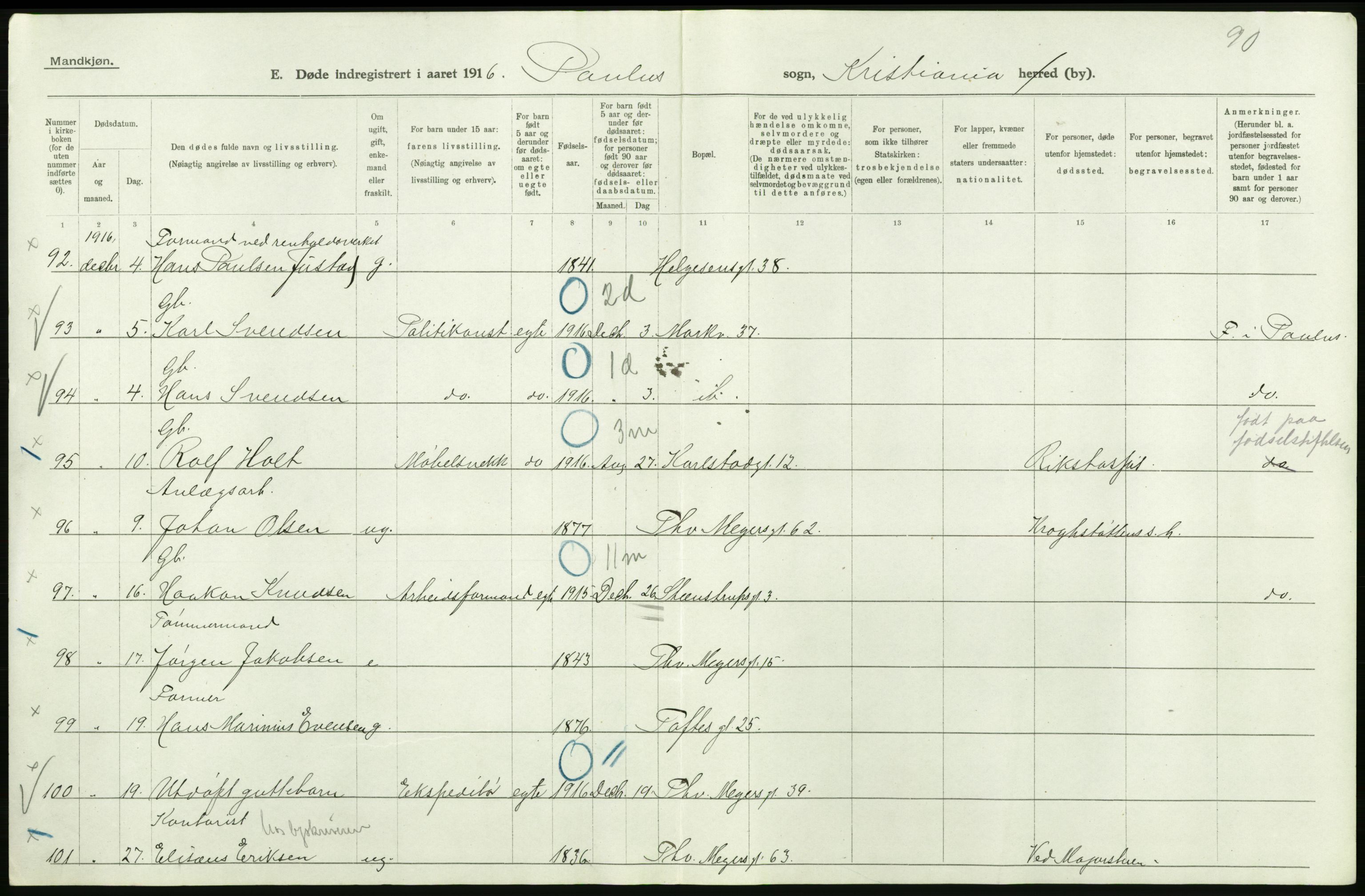 Statistisk sentralbyrå, Sosiodemografiske emner, Befolkning, AV/RA-S-2228/D/Df/Dfb/Dfbf/L0009: Kristiania: Døde., 1916, s. 72