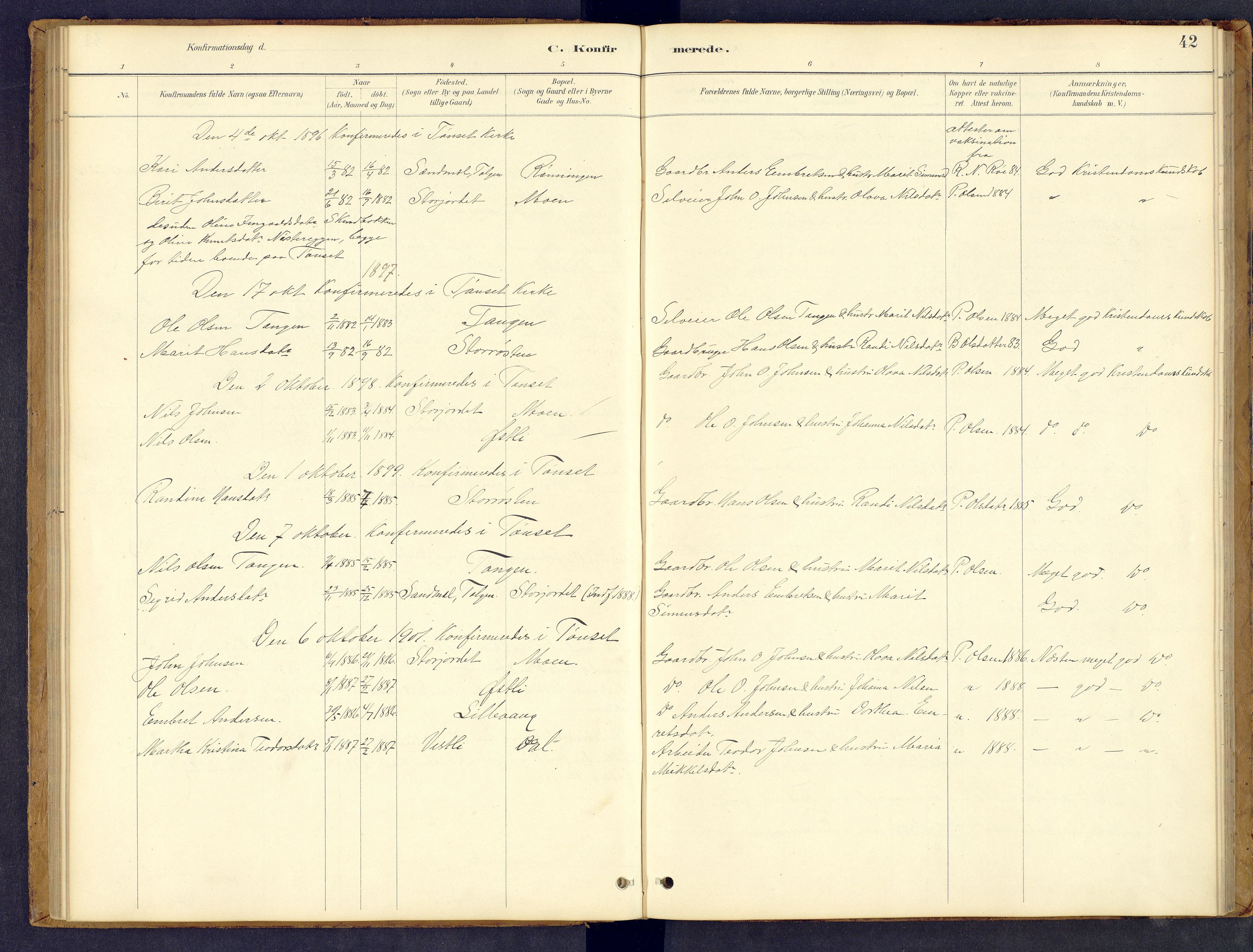Tynset prestekontor, SAH/PREST-058/H/Ha/Hab/L0008: Klokkerbok nr. 8, 1884-1916, s. 42