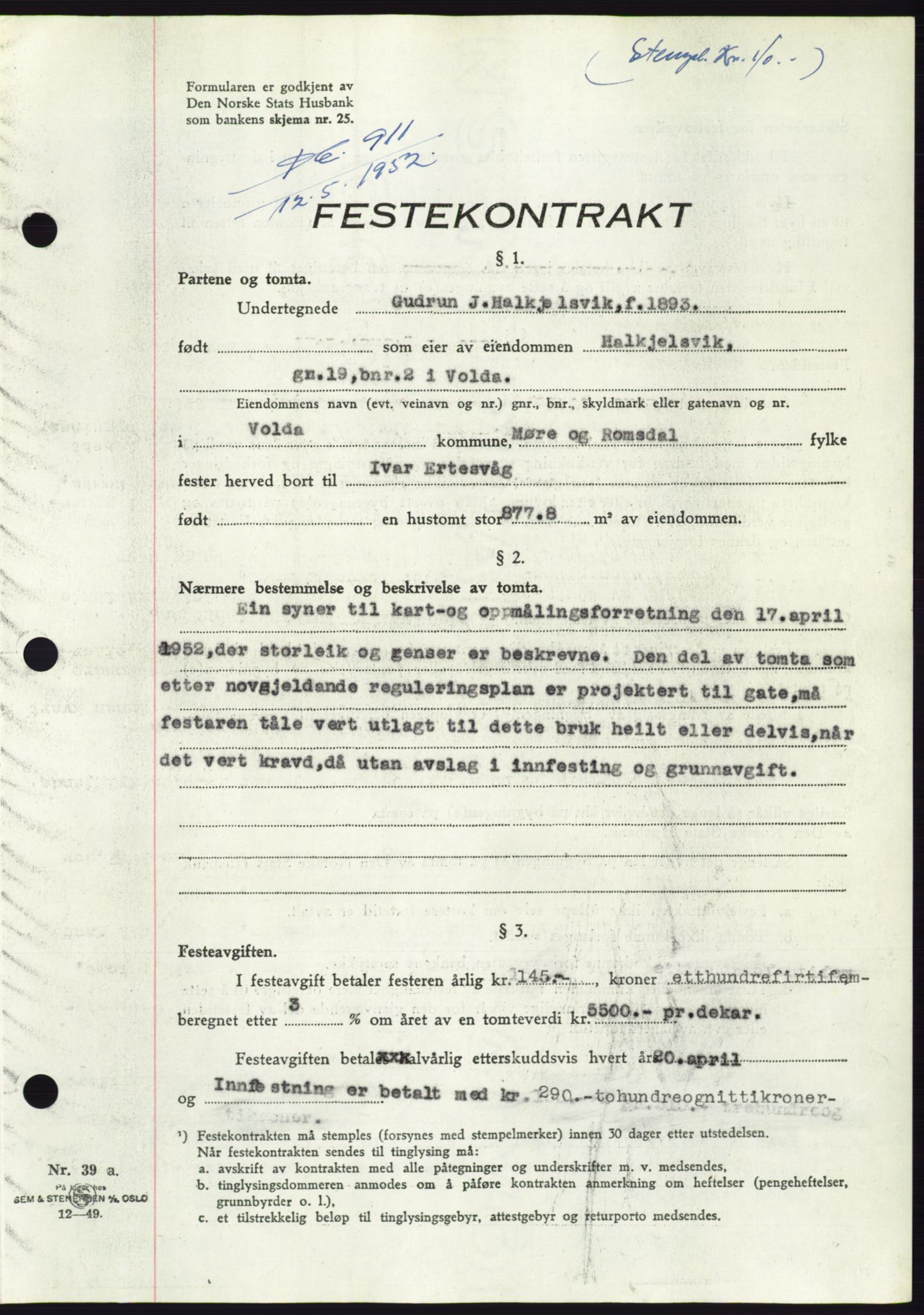 Søre Sunnmøre sorenskriveri, AV/SAT-A-4122/1/2/2C/L0092: Pantebok nr. 18A, 1952-1952, Dagboknr: 911/1952