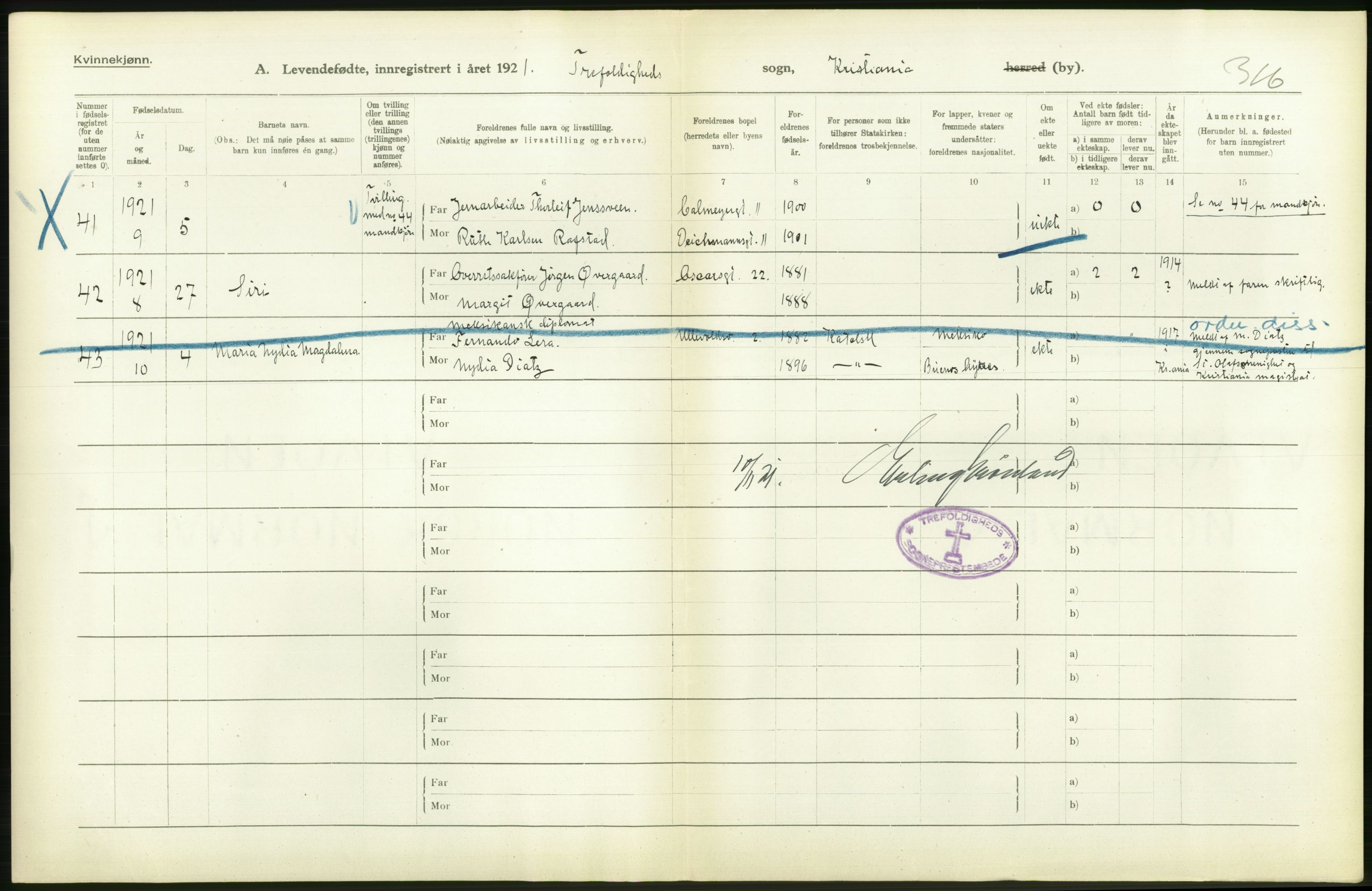 Statistisk sentralbyrå, Sosiodemografiske emner, Befolkning, RA/S-2228/D/Df/Dfc/Dfca/L0009: Kristiania: Levendefødte menn og kvinner., 1921, s. 468