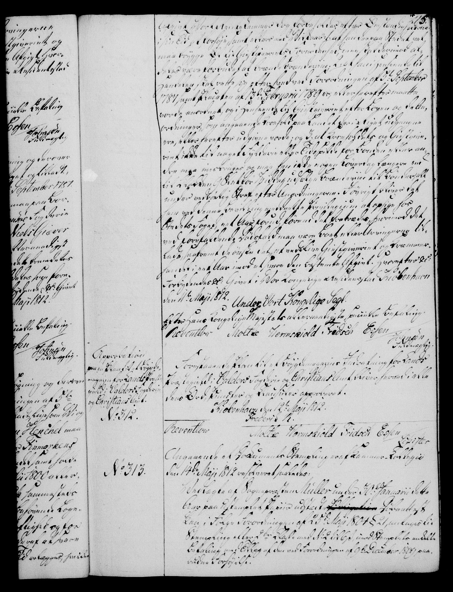 Rentekammeret, Kammerkanselliet, AV/RA-EA-3111/G/Gg/Gga/L0020: Norsk ekspedisjonsprotokoll med register (merket RK 53.20), 1811-1814, s. 215