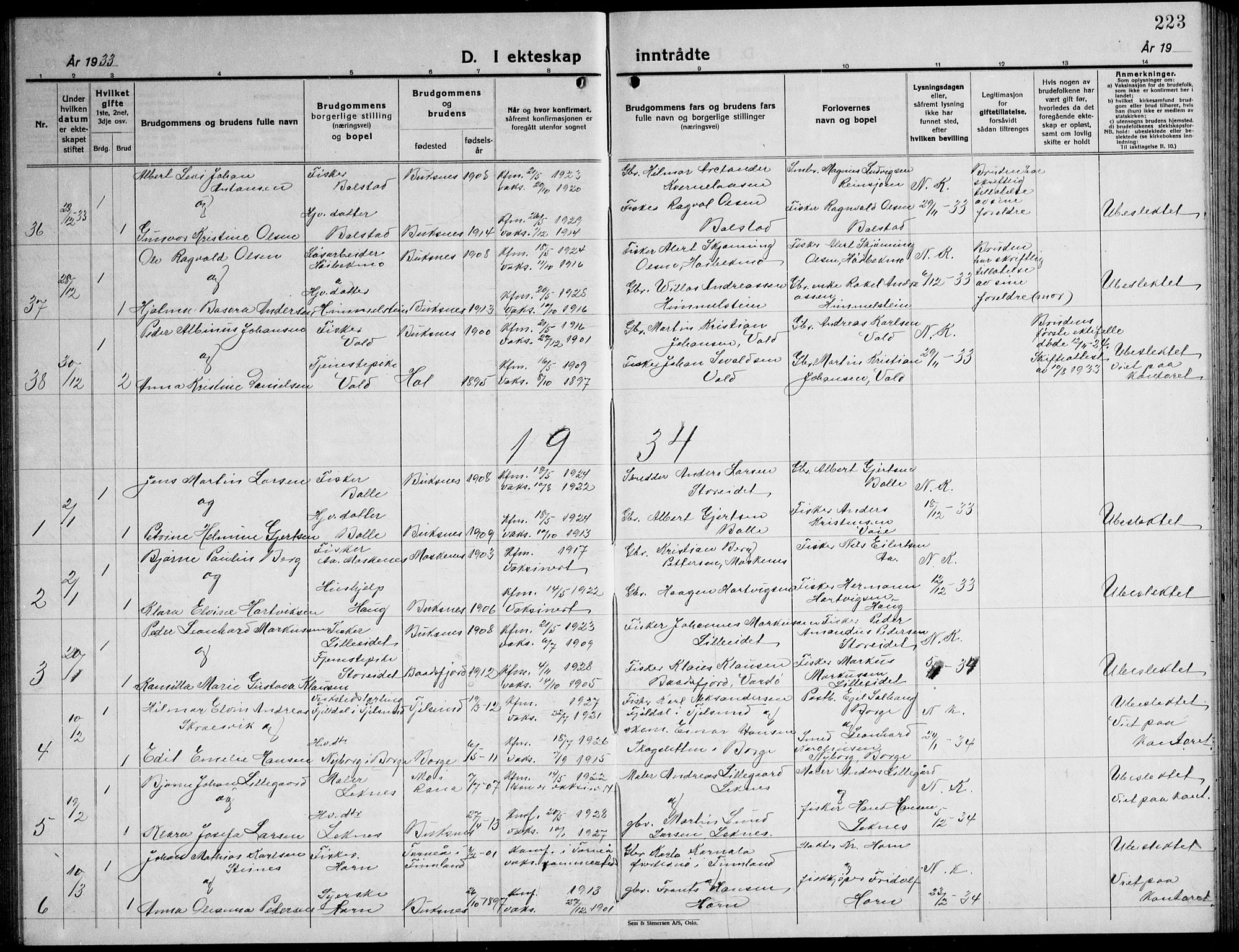 Ministerialprotokoller, klokkerbøker og fødselsregistre - Nordland, AV/SAT-A-1459/881/L1170: Klokkerbok nr. 881C07, 1930-1943, s. 223