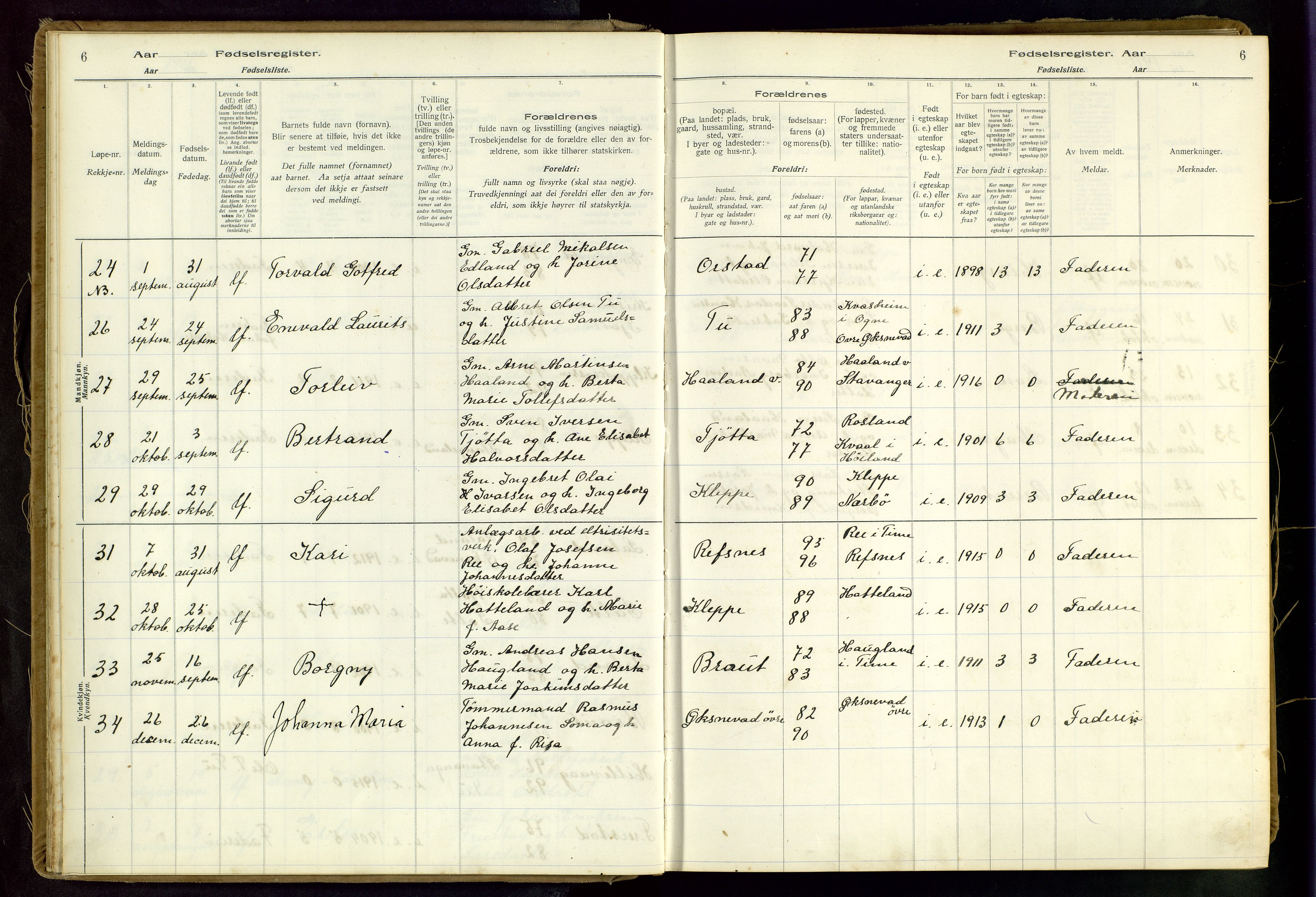 Klepp sokneprestkontor, AV/SAST-A-101803/001/704BAA/L0001: Fødselsregister nr. 1, 1916-1948, s. 6