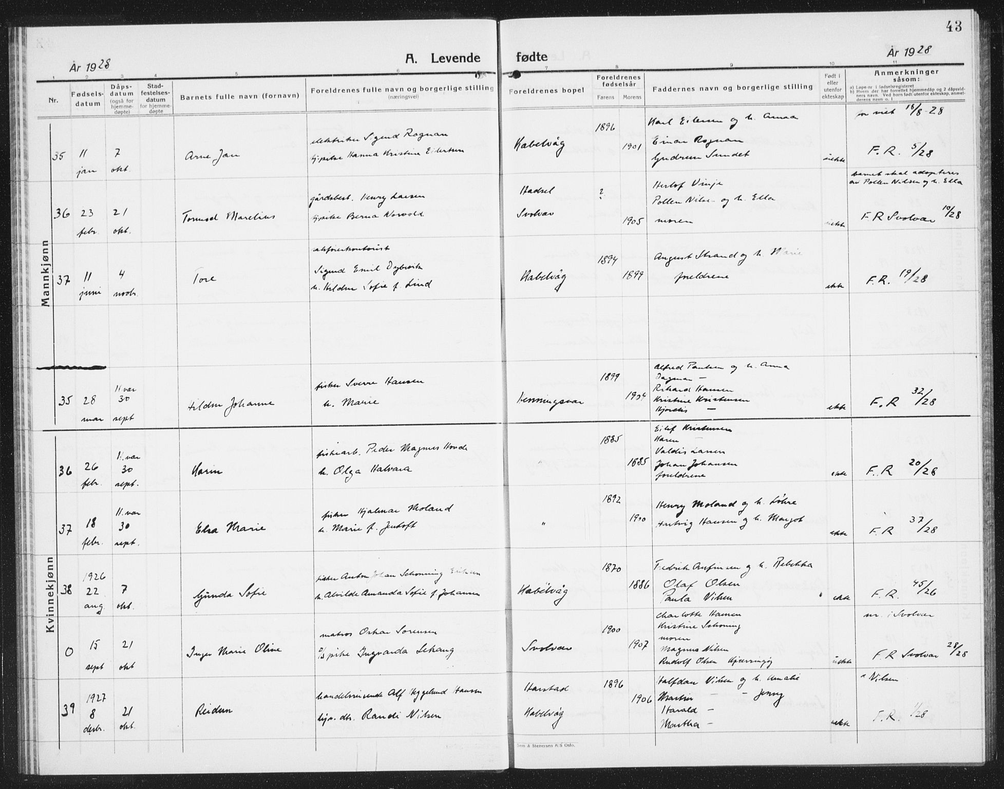 Ministerialprotokoller, klokkerbøker og fødselsregistre - Nordland, AV/SAT-A-1459/874/L1081: Klokkerbok nr. 874C10, 1925-1941, s. 43