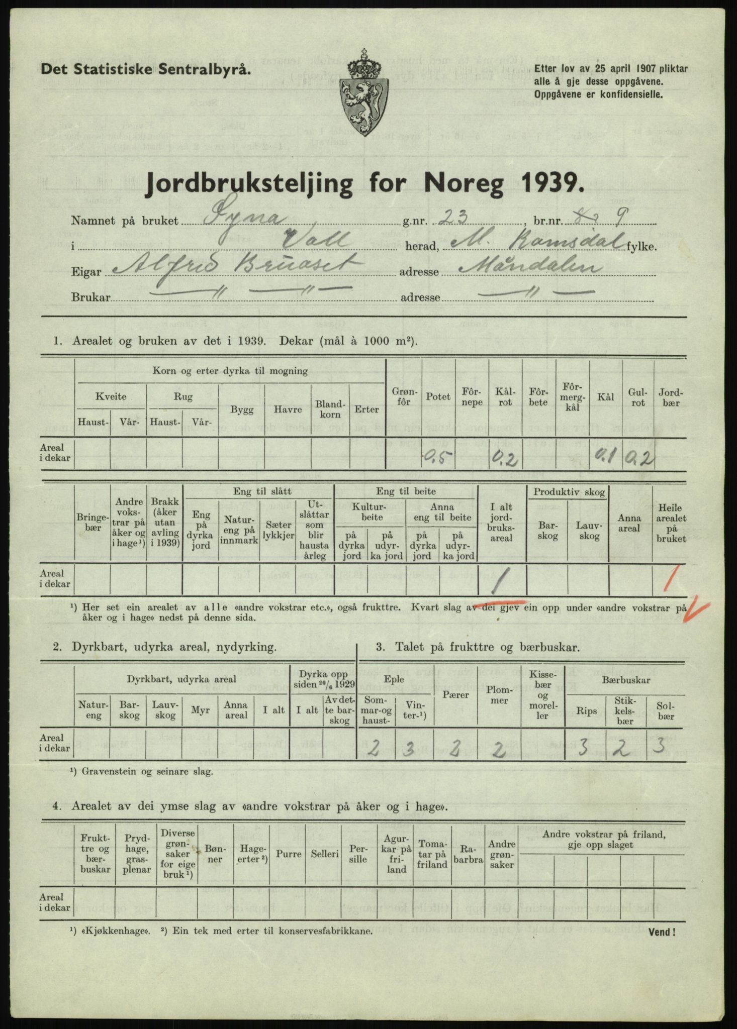 Statistisk sentralbyrå, Næringsøkonomiske emner, Jordbruk, skogbruk, jakt, fiske og fangst, AV/RA-S-2234/G/Gb/L0251: Møre og Romsdal: Voll, Eid, Grytten og Hen, 1939, s. 15