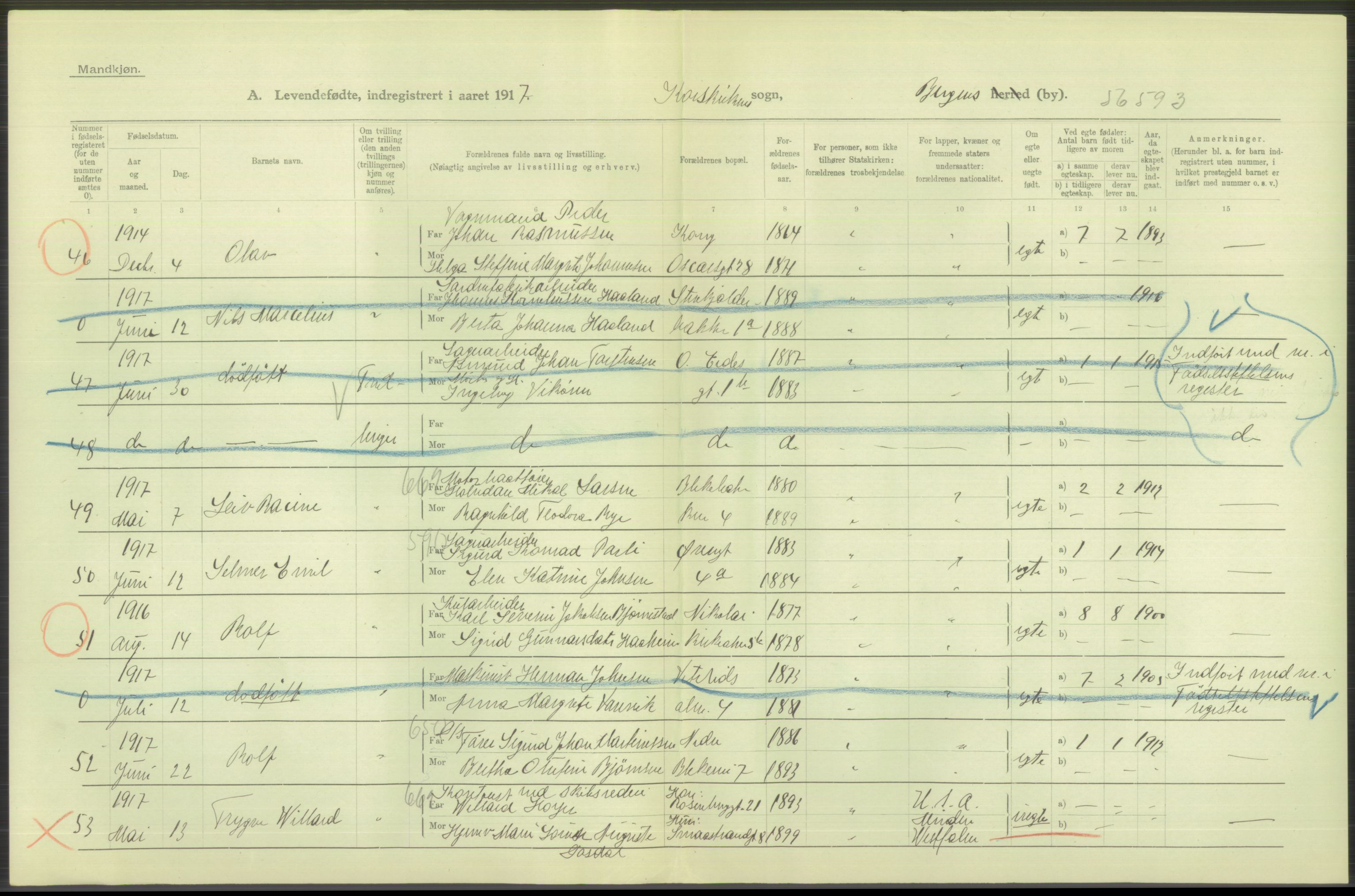 Statistisk sentralbyrå, Sosiodemografiske emner, Befolkning, AV/RA-S-2228/D/Df/Dfb/Dfbg/L0037: Bergen: Levendefødte menn og kvinner., 1917, s. 358