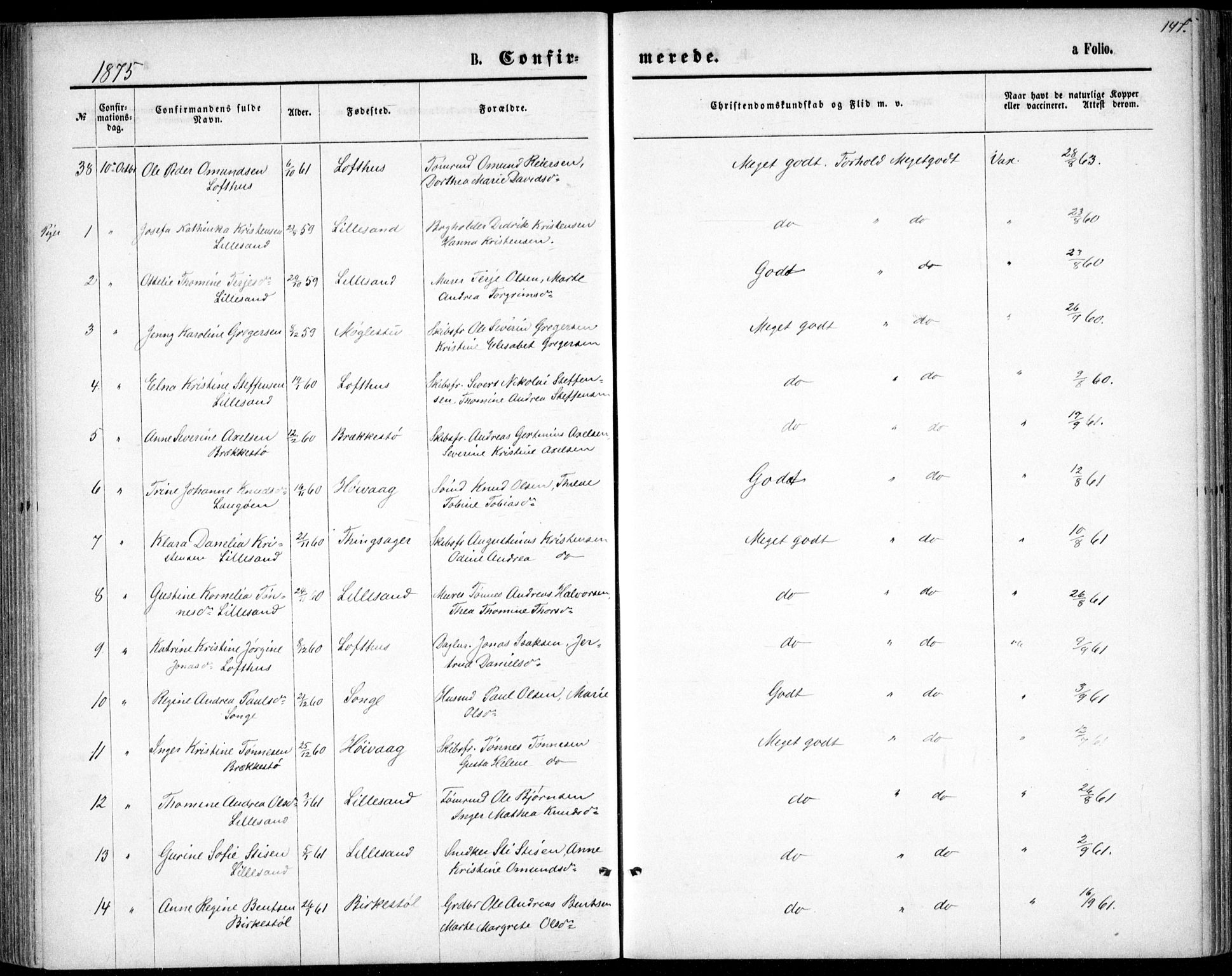 Vestre Moland sokneprestkontor, AV/SAK-1111-0046/F/Fb/Fbb/L0005: Klokkerbok nr. B 5, 1872-1883, s. 147