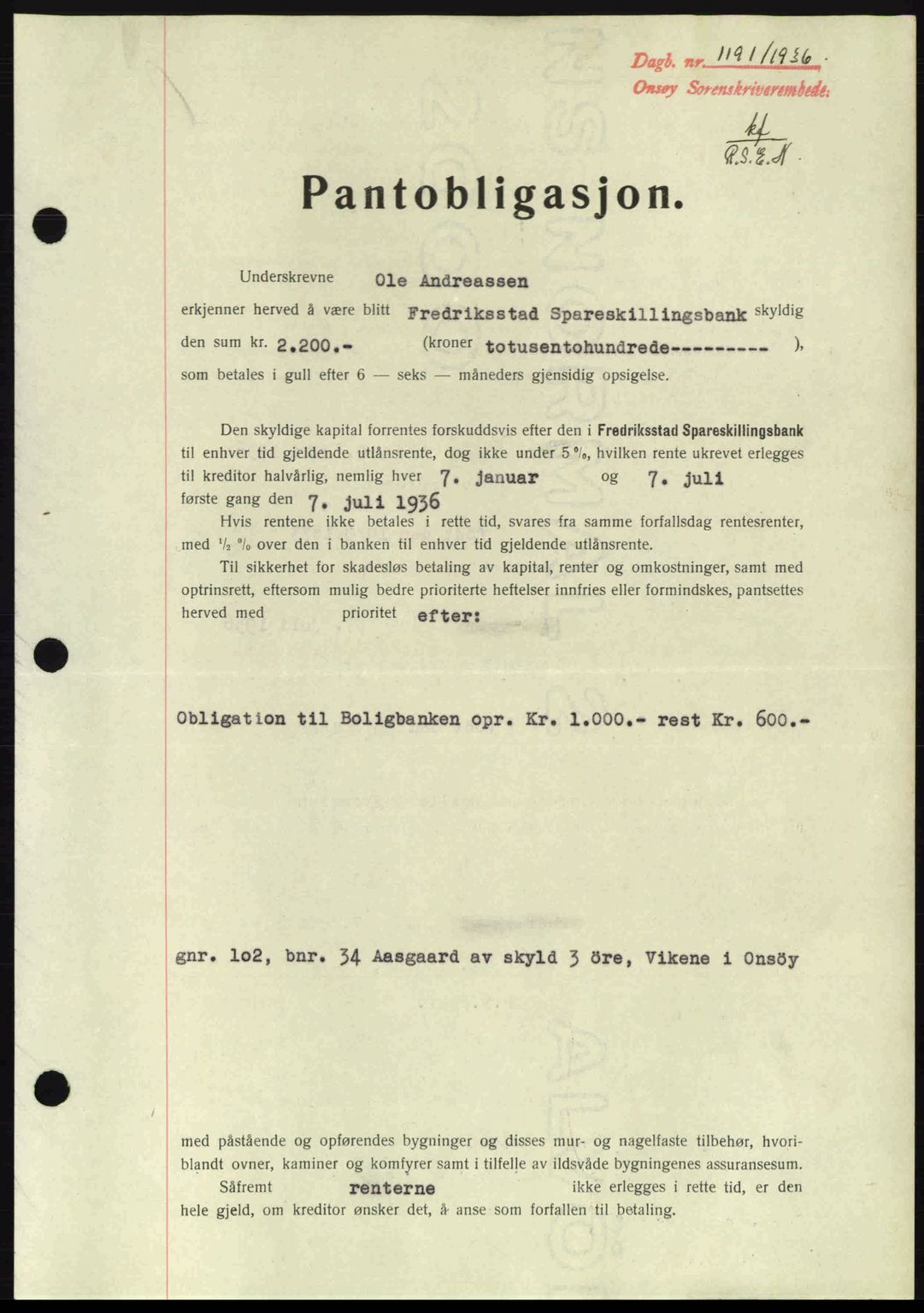 Onsøy sorenskriveri, SAO/A-10474/G/Ga/Gac/L0001: Pantebok nr. B1, 1936-1938, Dagboknr: 1191/1936