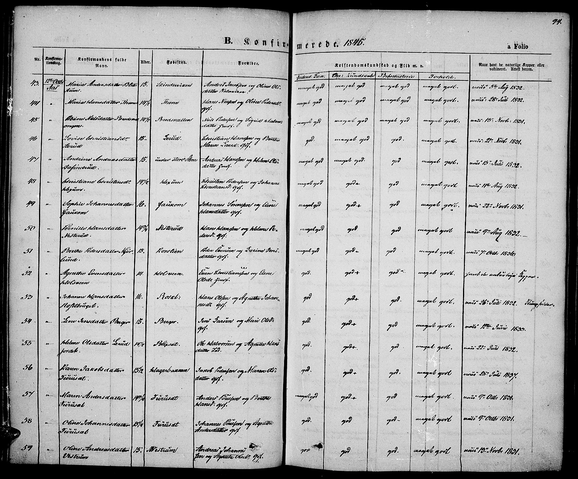 Vestre Toten prestekontor, SAH/PREST-108/H/Ha/Haa/L0004: Ministerialbok nr. 4, 1844-1849, s. 94