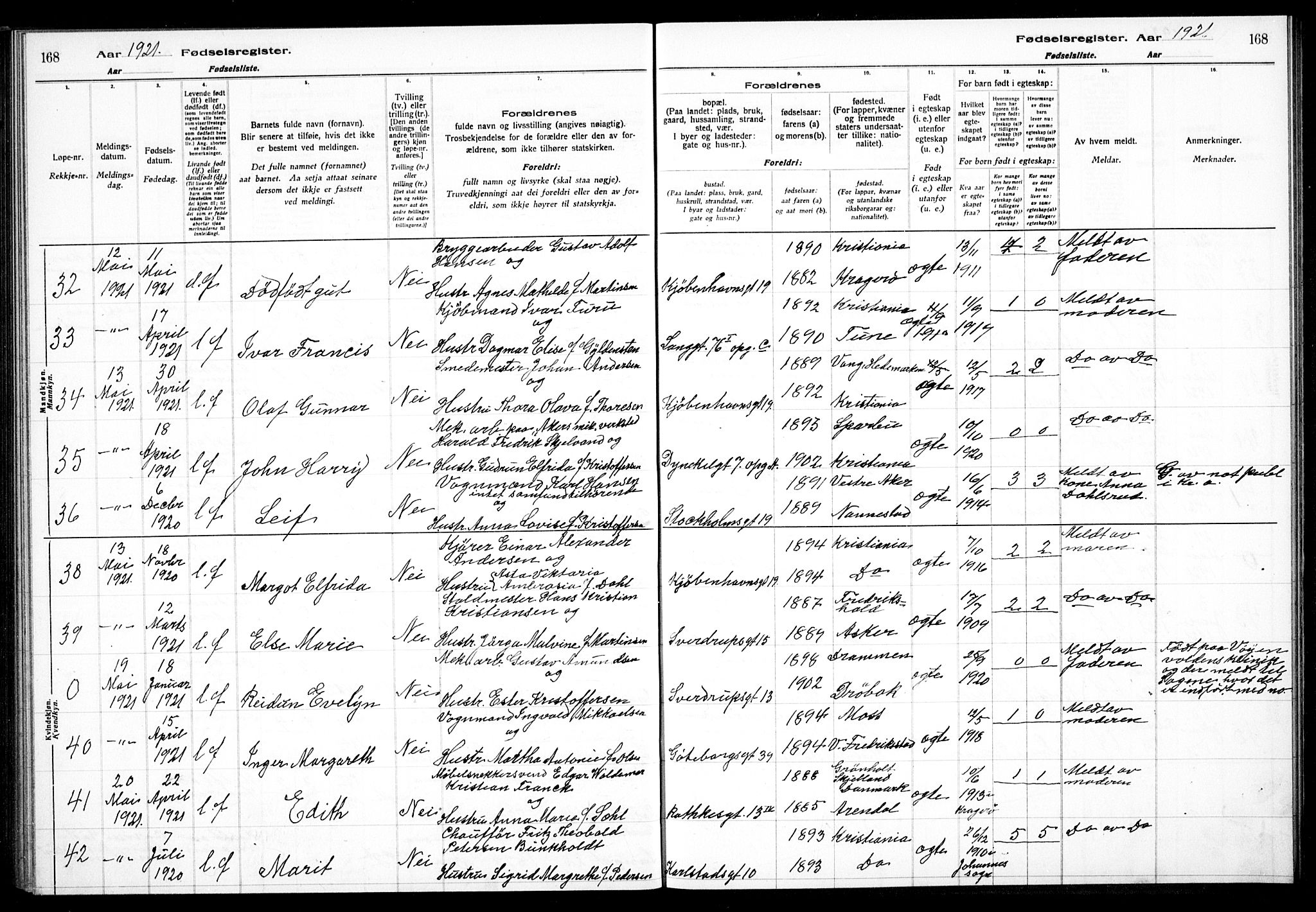 Petrus prestekontor Kirkebøker, AV/SAO-A-10872/J/Ja/L0001: Fødselsregister nr. 1, 1916-1922, s. 168
