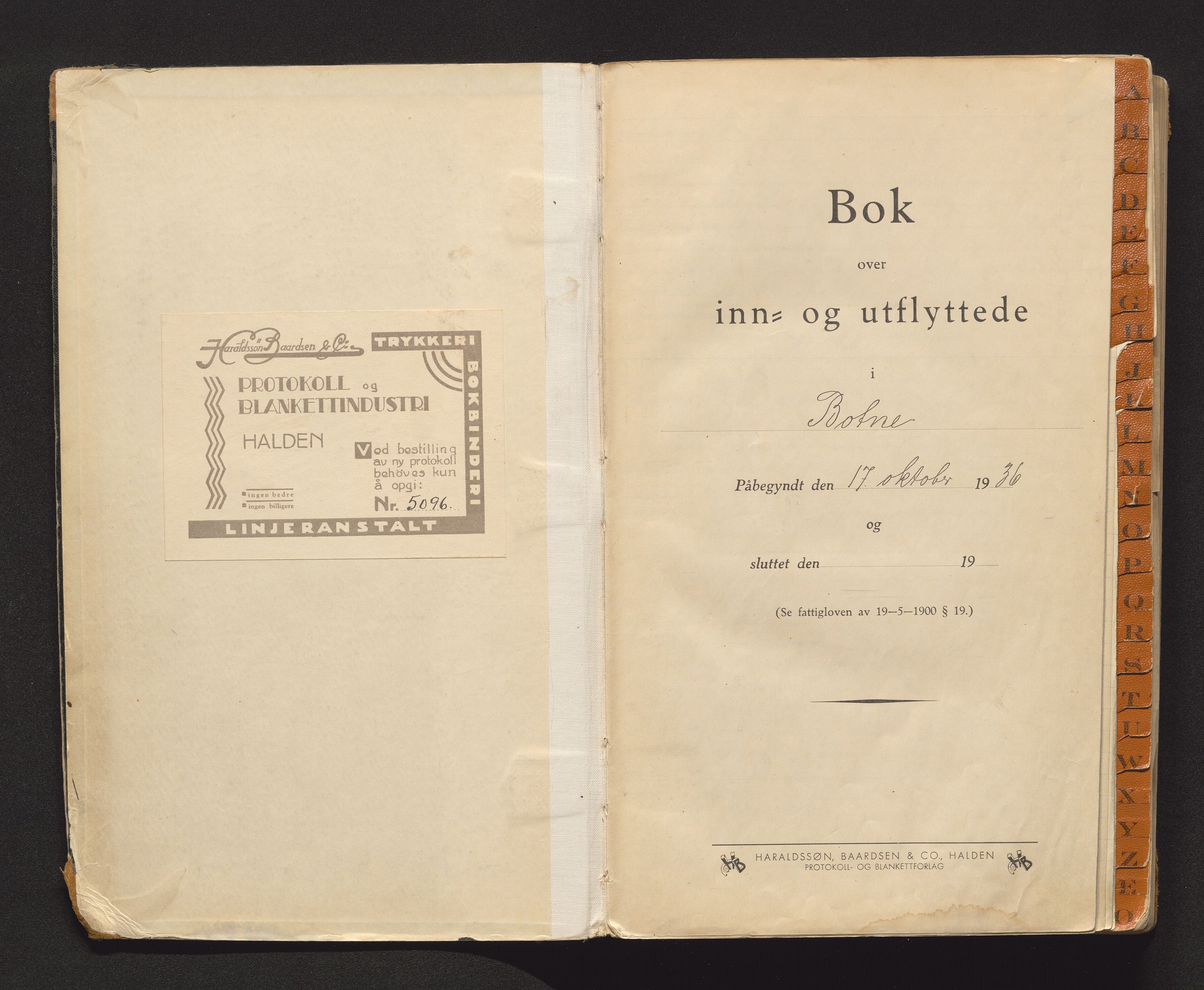 Botne lensmannskontor, SAKO/A-534/O/Oa/L0006: Protokoll over inn- og utflyttede, 1936-1943