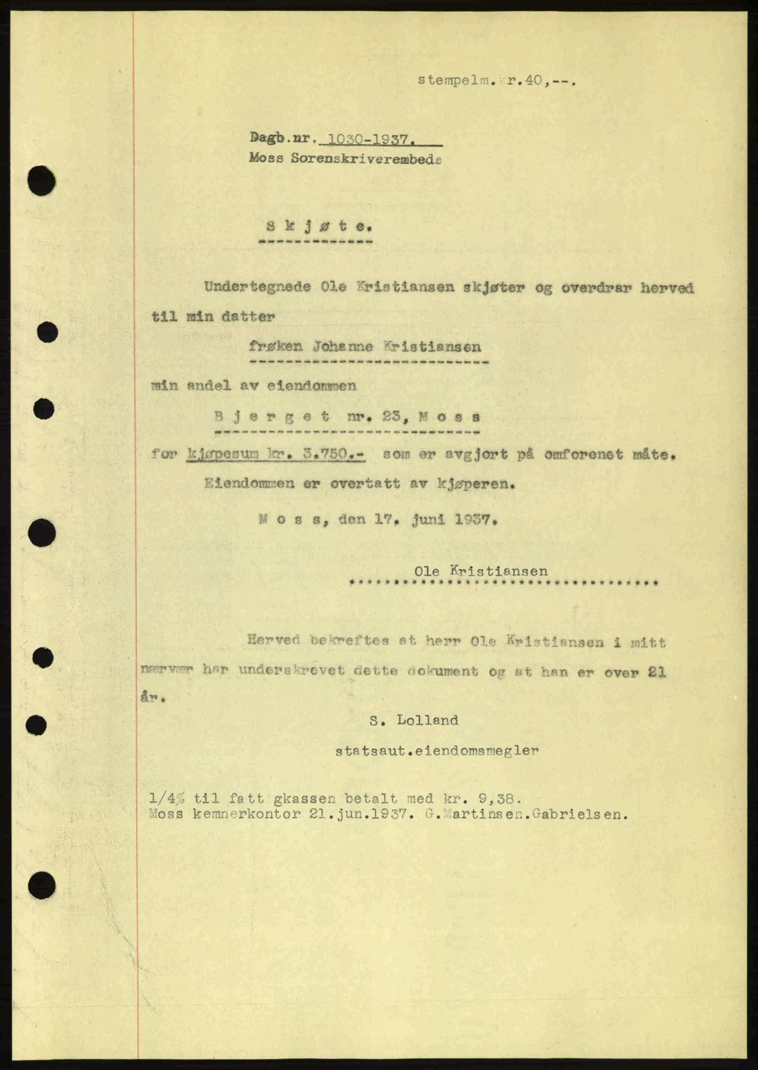 Moss sorenskriveri, SAO/A-10168: Pantebok nr. A3, 1937-1938, Dagboknr: 1030/1937