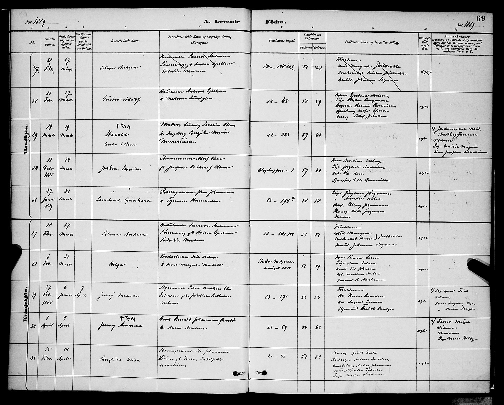 Korskirken sokneprestembete, AV/SAB-A-76101/H/Hab: Klokkerbok nr. B 9, 1887-1896, s. 69