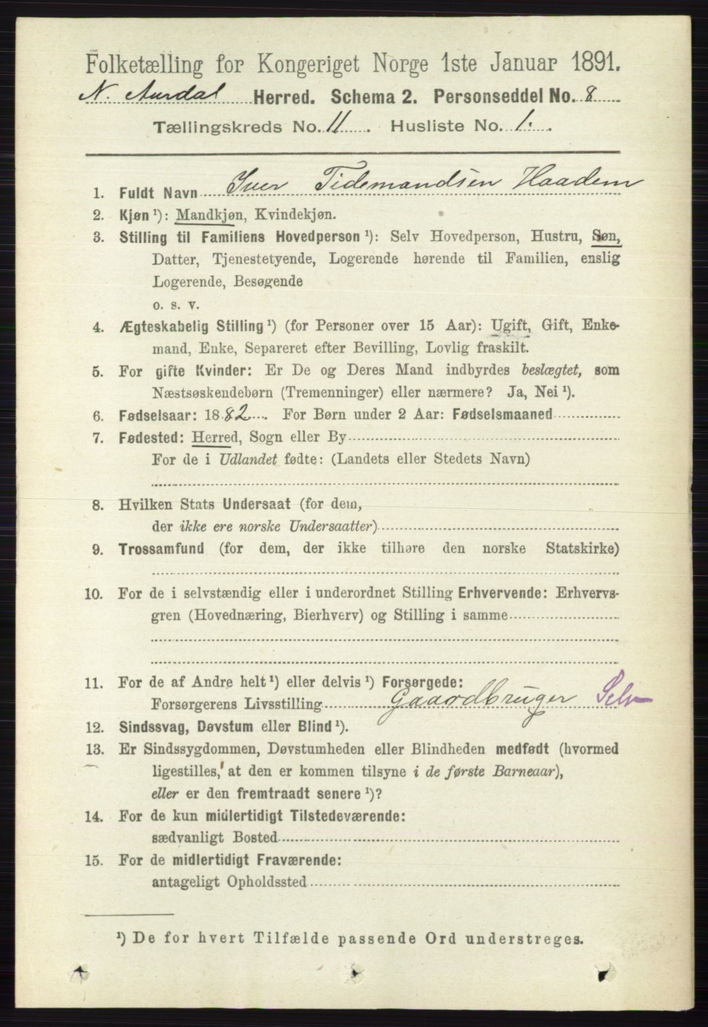 RA, Folketelling 1891 for 0542 Nord-Aurdal herred, 1891, s. 4122