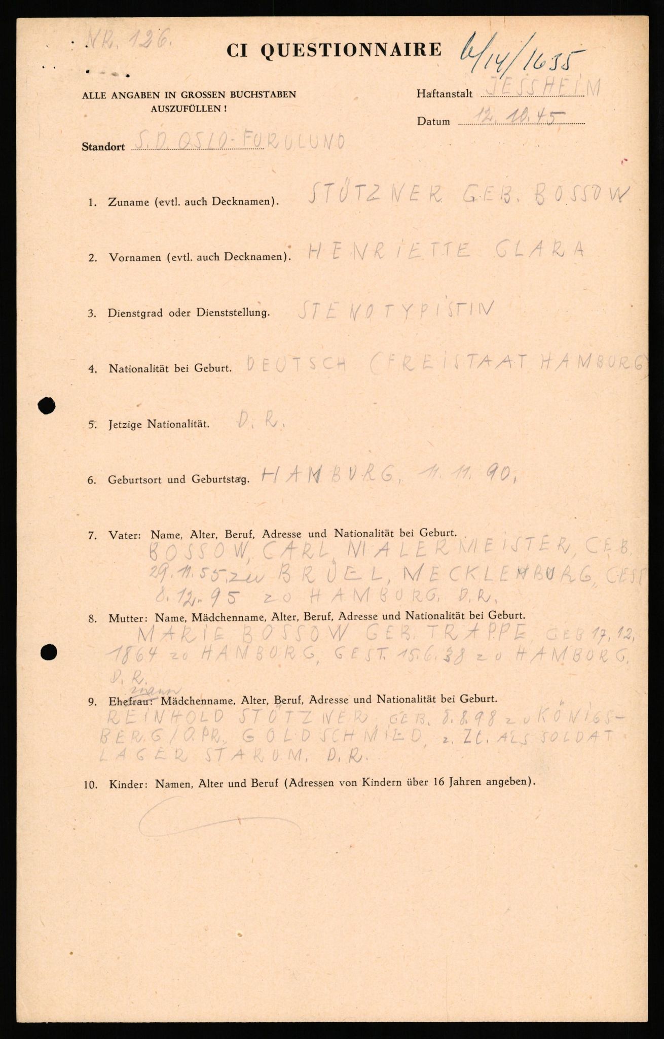 Forsvaret, Forsvarets overkommando II, RA/RAFA-3915/D/Db/L0033: CI Questionaires. Tyske okkupasjonsstyrker i Norge. Tyskere., 1945-1946, s. 287