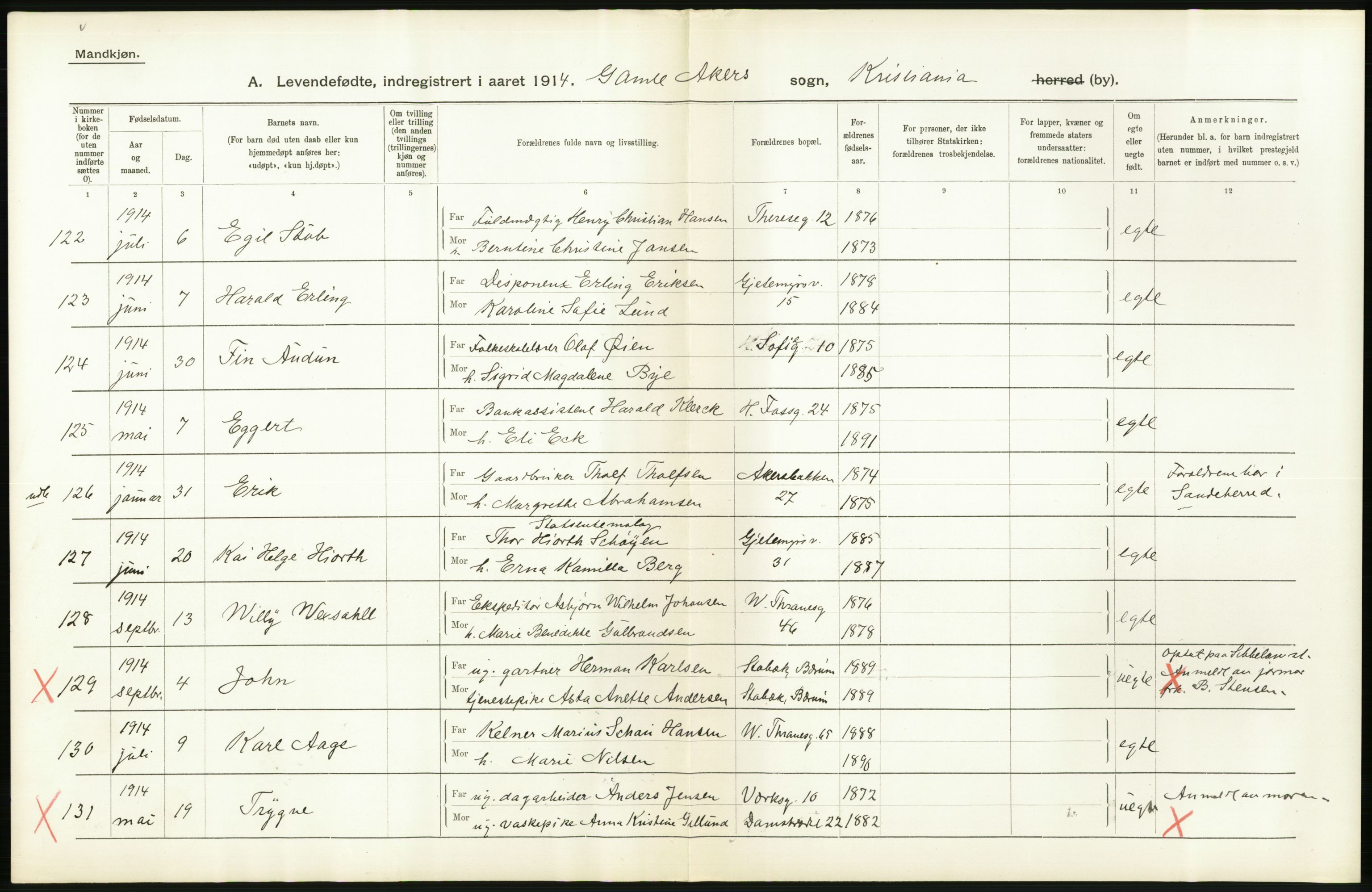 Statistisk sentralbyrå, Sosiodemografiske emner, Befolkning, AV/RA-S-2228/D/Df/Dfb/Dfbd/L0006: Kristiania: Levendefødte menn og kvinner., 1914, s. 326