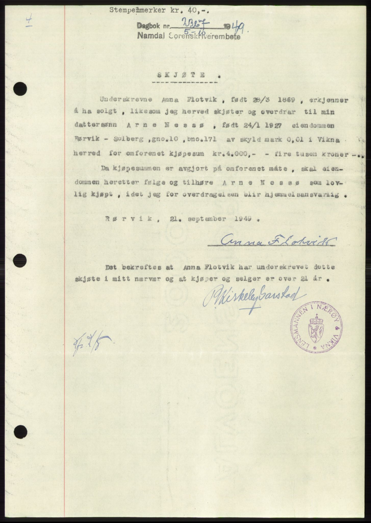 Namdal sorenskriveri, SAT/A-4133/1/2/2C: Pantebok nr. -, 1949-1949, Dagboknr: 2367/1949