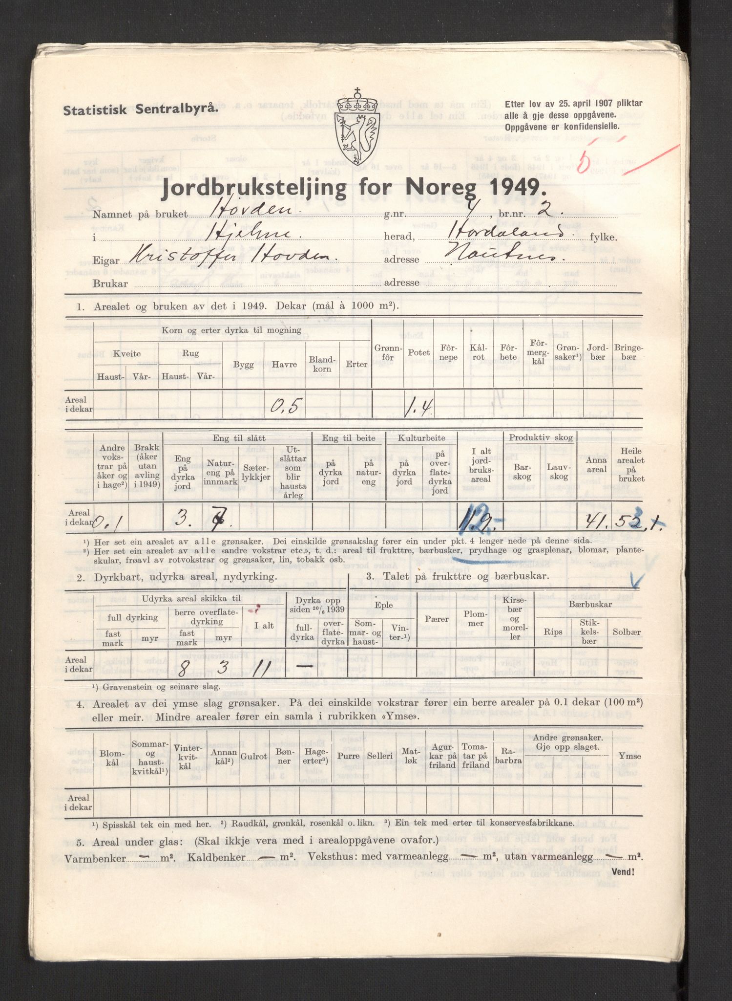 Statistisk sentralbyrå, Næringsøkonomiske emner, Jordbruk, skogbruk, jakt, fiske og fangst, AV/RA-S-2234/G/Gc/L0276: Hordaland: Herdla og Hjelme, 1949, s. 1210