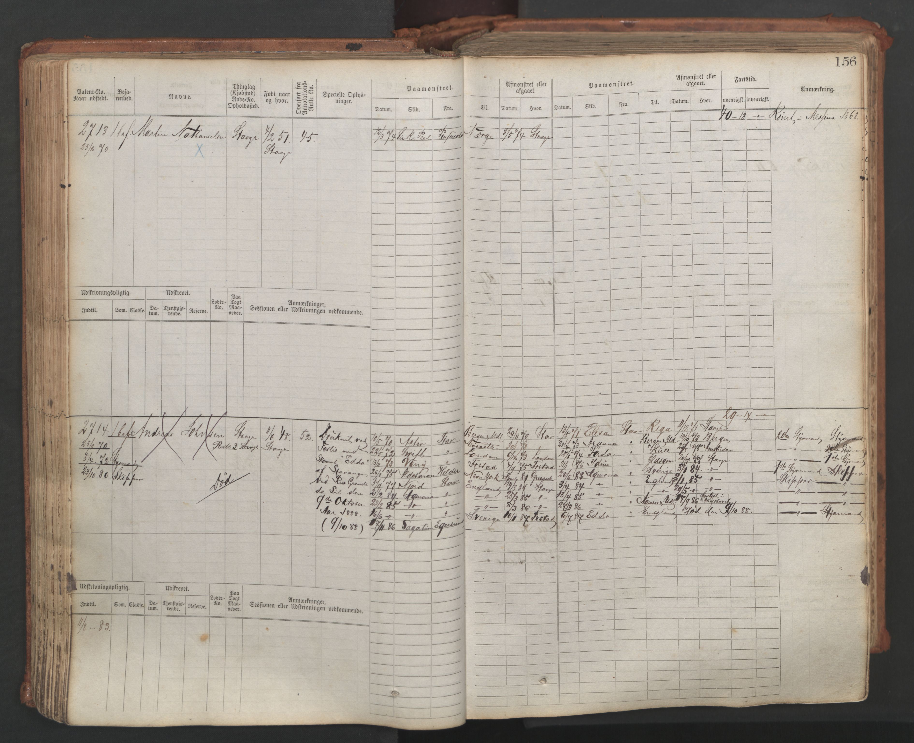 Stavanger sjømannskontor, AV/SAST-A-102006/F/Fb/Fbb/L0007: Sjøfartshovedrulle, patentnr. 2403-3604, 1869-1880, s. 181