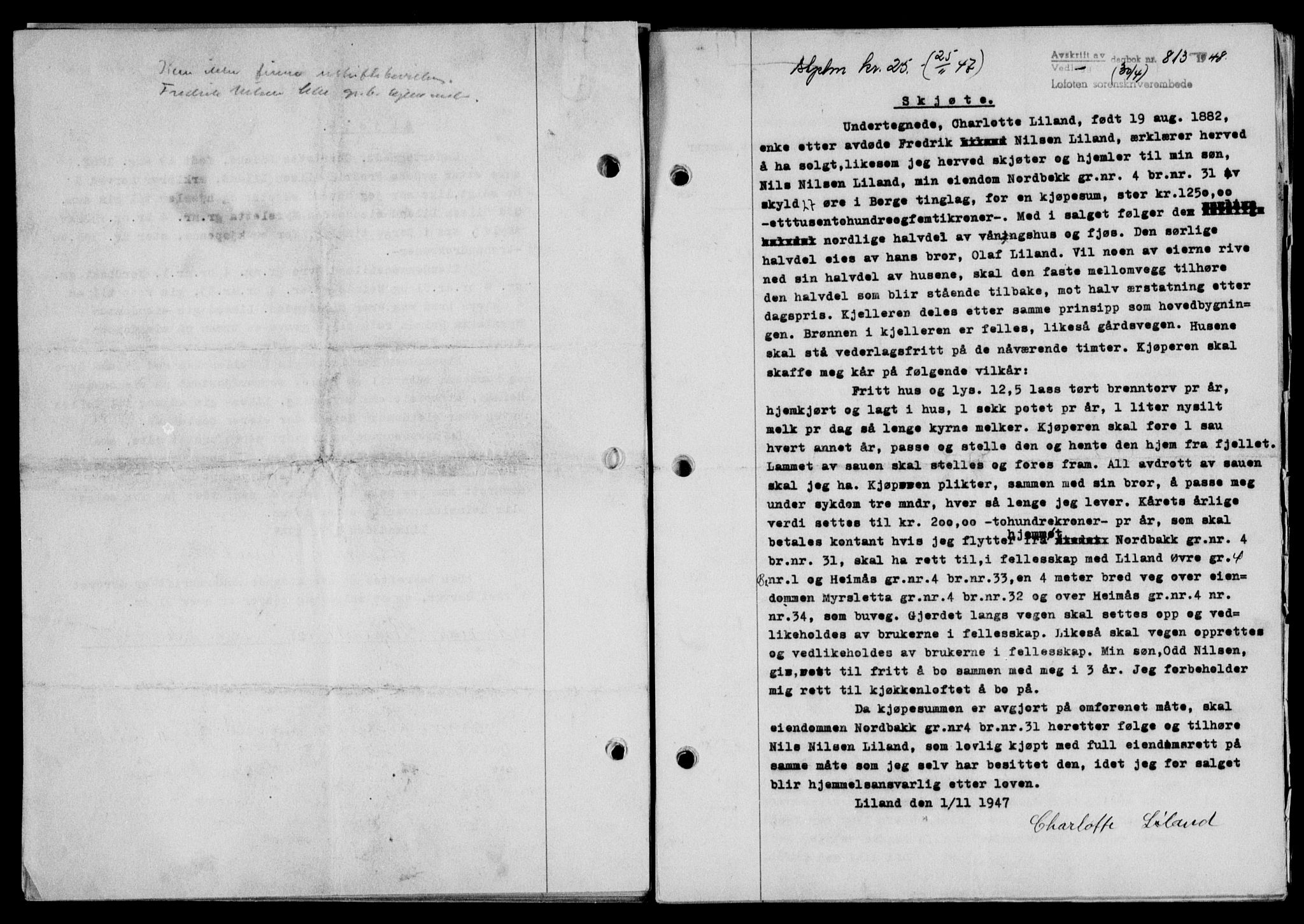 Lofoten sorenskriveri, SAT/A-0017/1/2/2C/L0018a: Pantebok nr. 18a, 1948-1948, Dagboknr: 813/1948