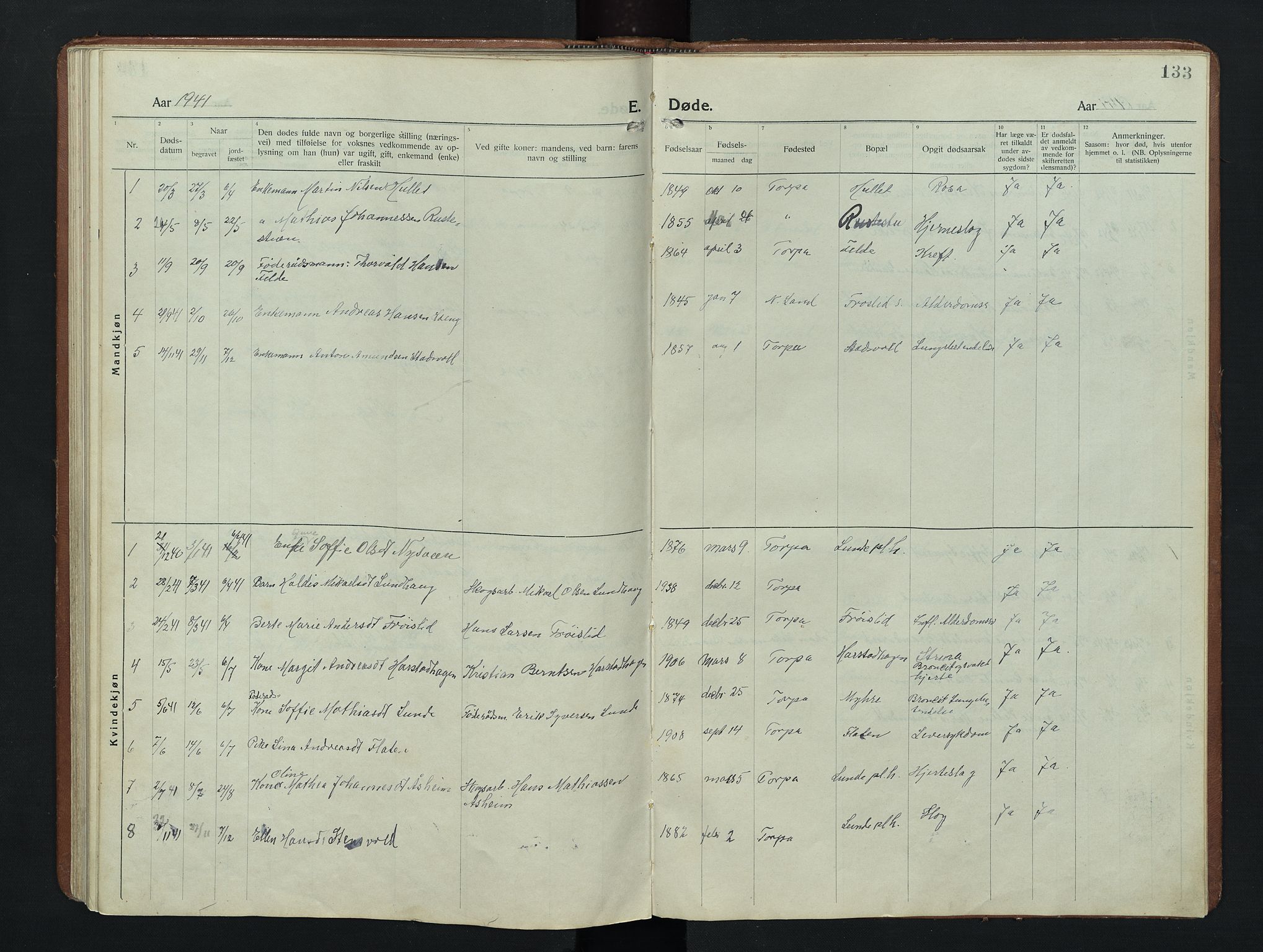 Nordre Land prestekontor, SAH/PREST-124/H/Ha/Hab/L0009: Klokkerbok nr. 9, 1921-1956, s. 133