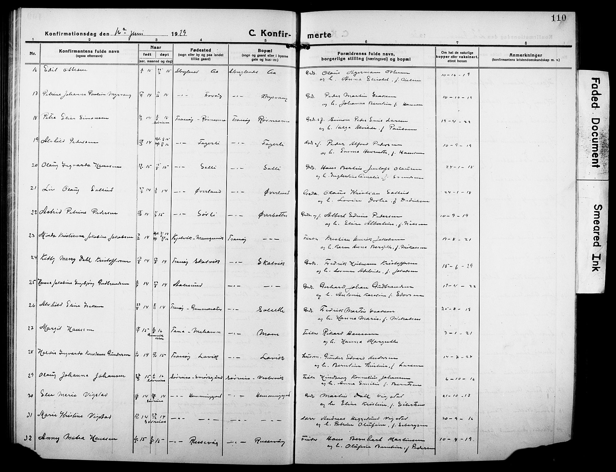 Tranøy sokneprestkontor, AV/SATØ-S-1313/I/Ia/Iab/L0006klokker: Klokkerbok nr. 6, 1919-1932, s. 110