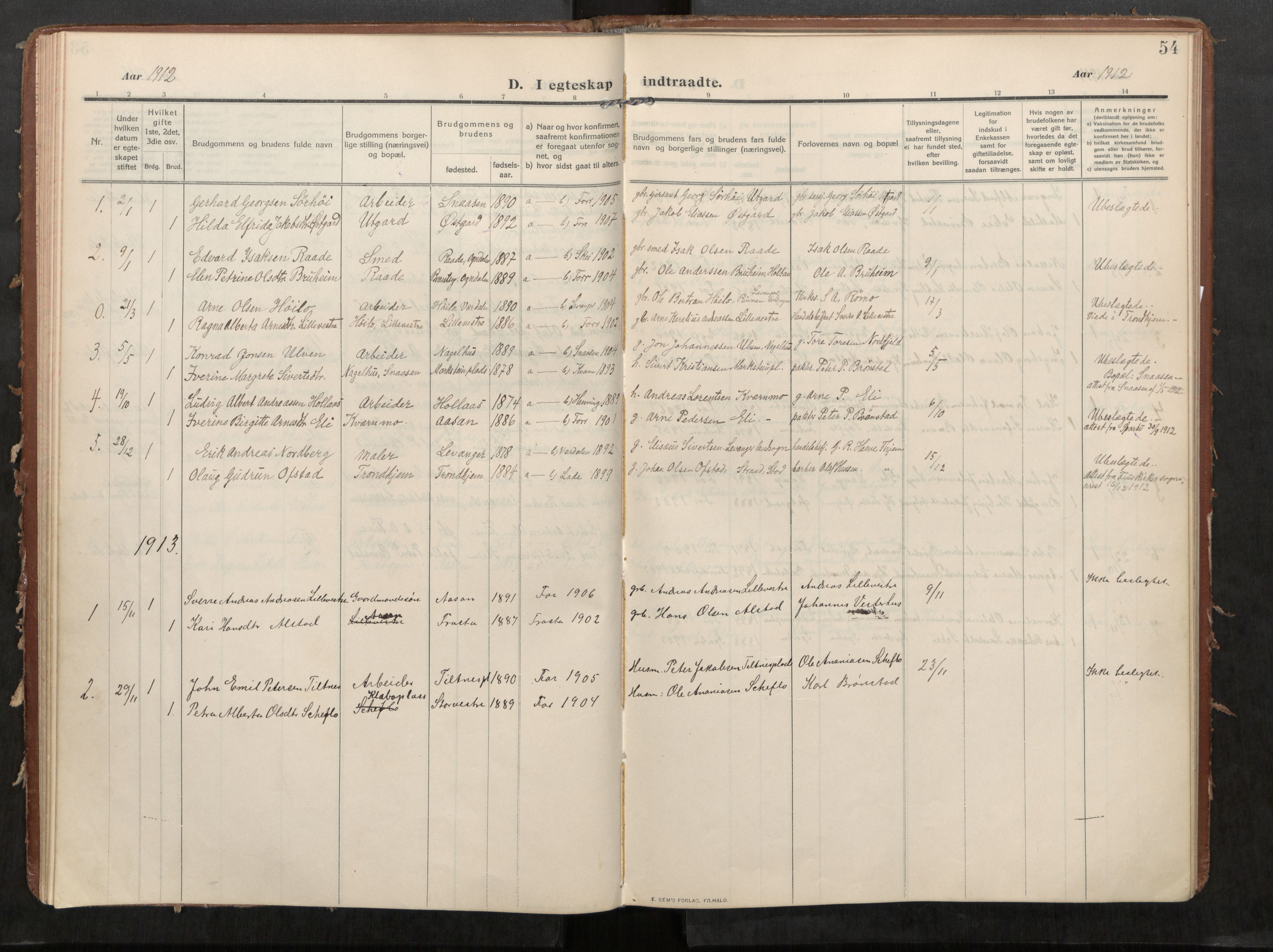 Stod sokneprestkontor, AV/SAT-A-1164/1/I/I1/I1a/L0002: Ministerialbok nr. 2, 1909-1922, s. 54