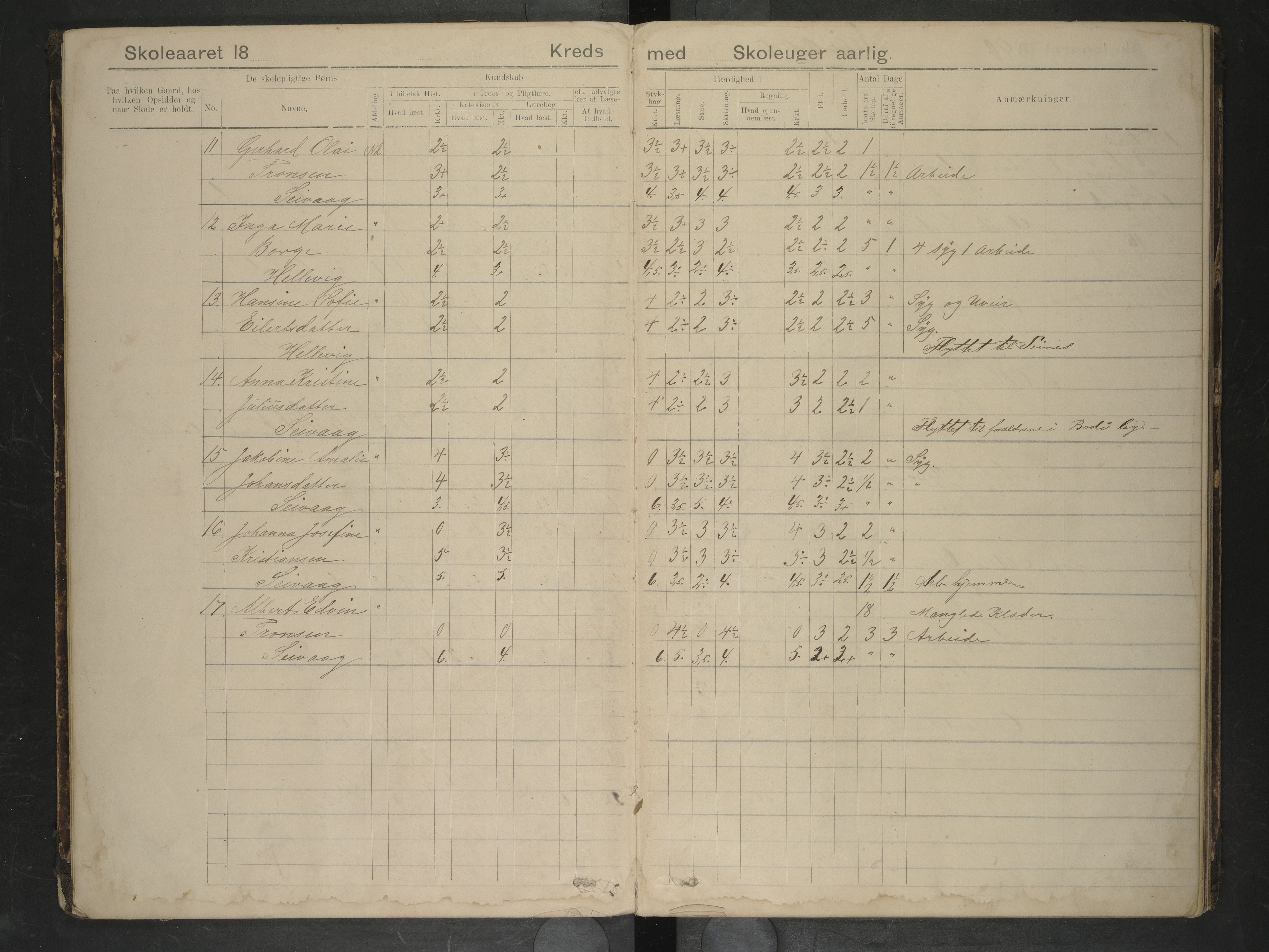 Bodin kommune. Ymse skolekretser/skoler, AIN/K-18431.510.12/F/Fa/L0006: Skoleprotokoll. Seines, Seivaag, Urskaret, Valnes, Valnesvatnet, 1889-1893