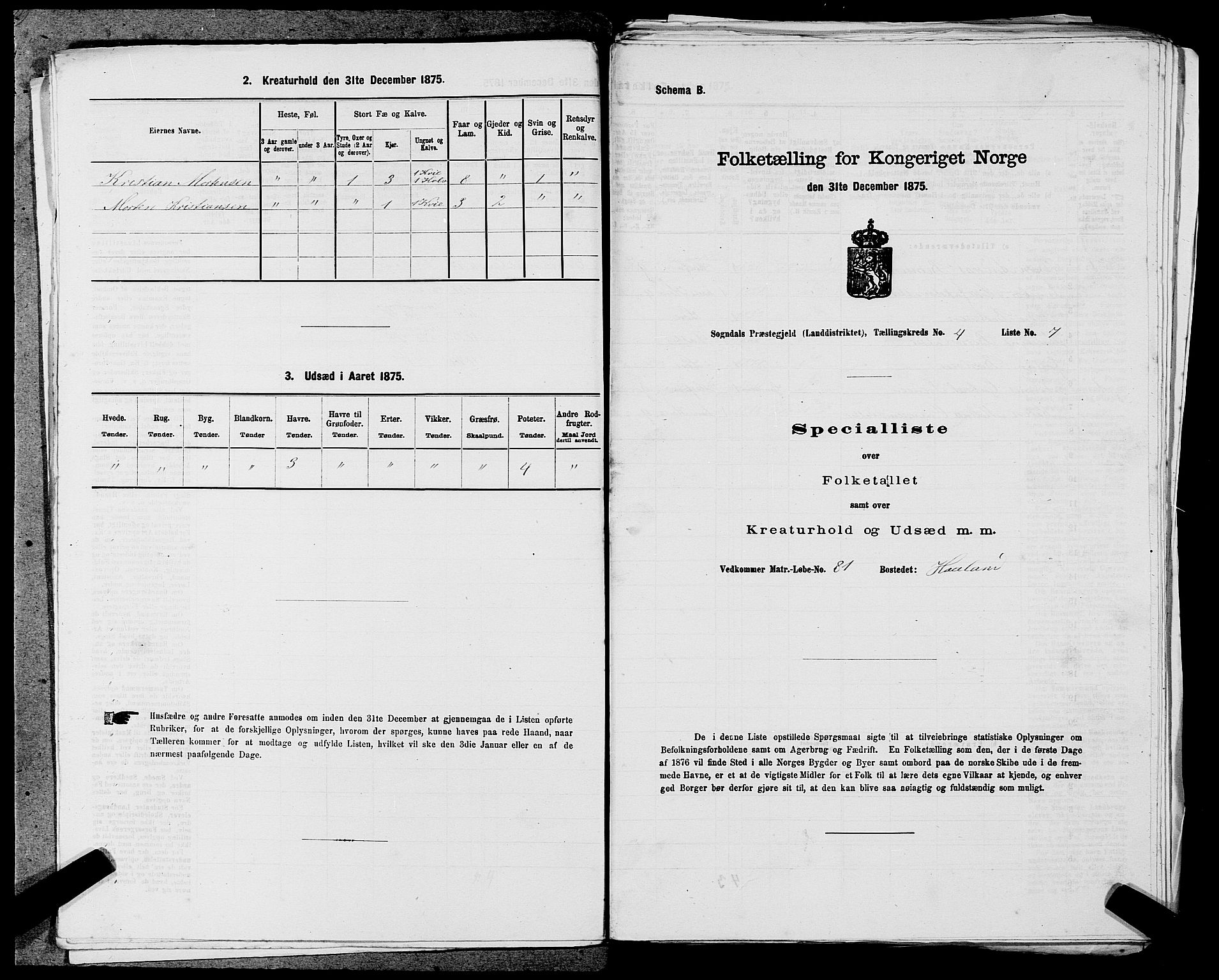 SAST, Folketelling 1875 for 1111L Sokndal prestegjeld, Sokndal landsokn, 1875, s. 275