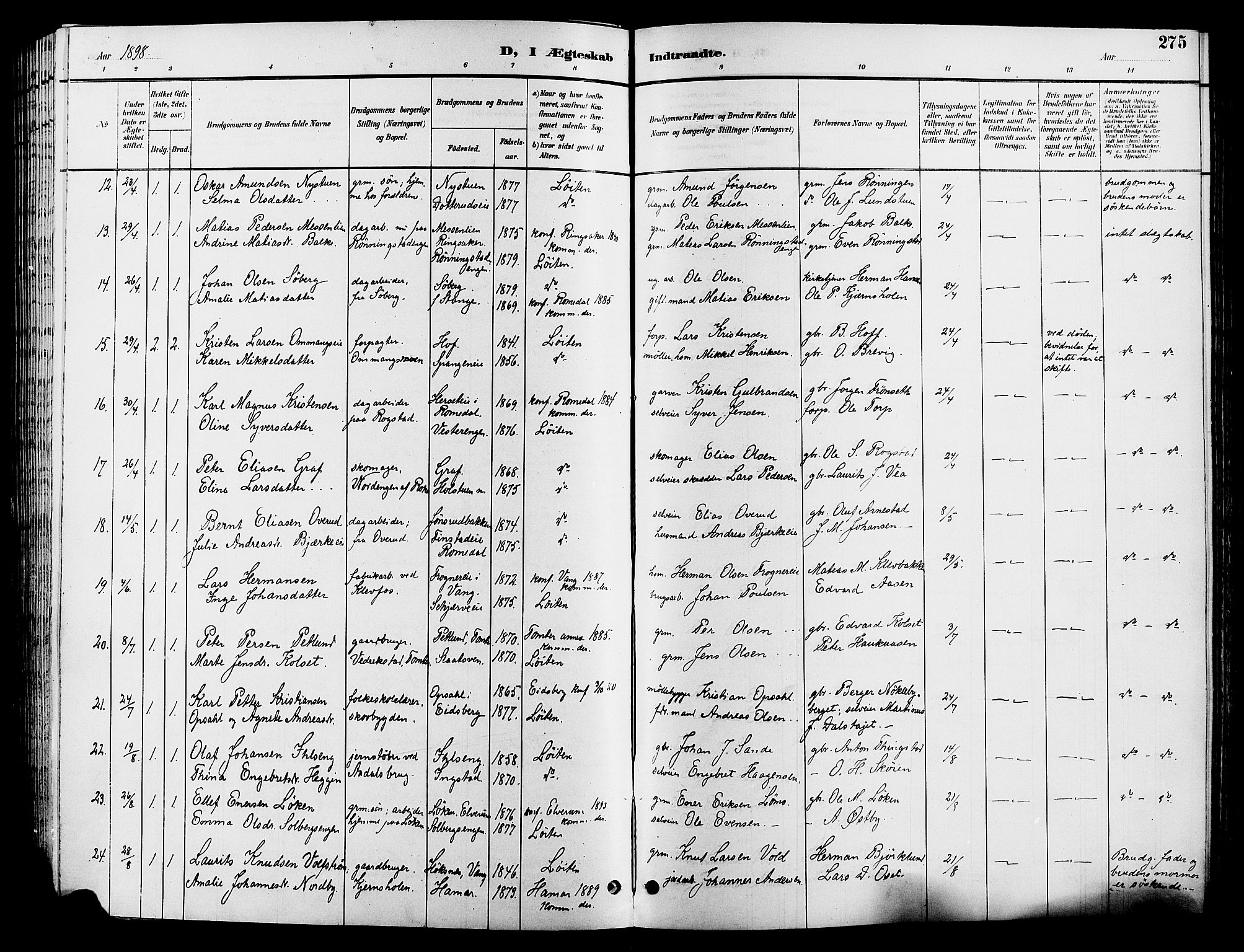 Løten prestekontor, AV/SAH-PREST-022/L/La/L0006: Klokkerbok nr. 6, 1892-1909, s. 275