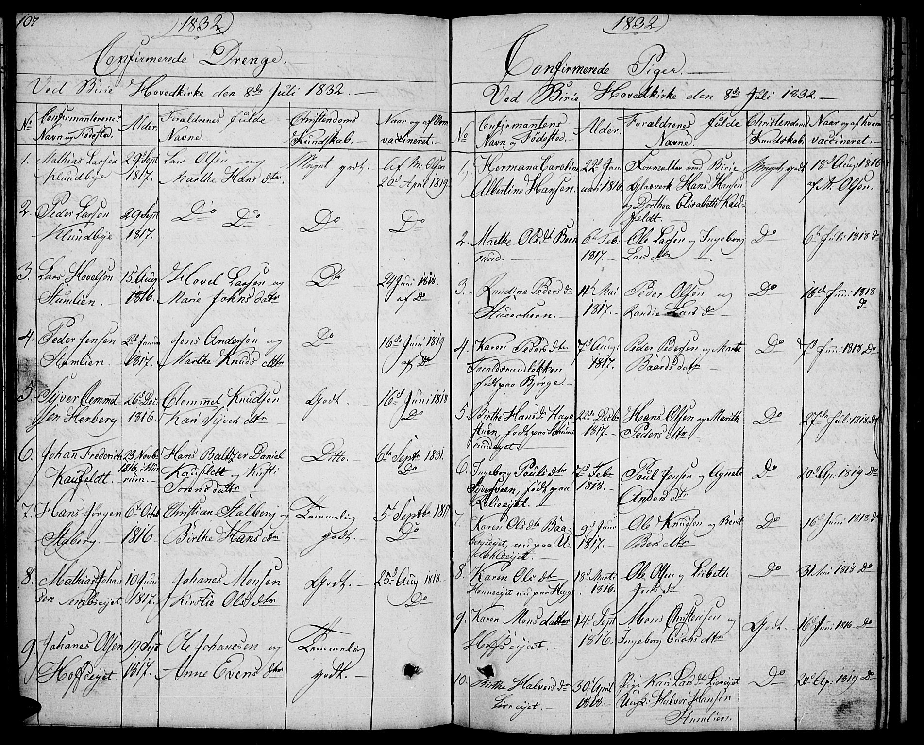 Biri prestekontor, AV/SAH-PREST-096/H/Ha/Hab/L0002: Klokkerbok nr. 2, 1828-1842, s. 107