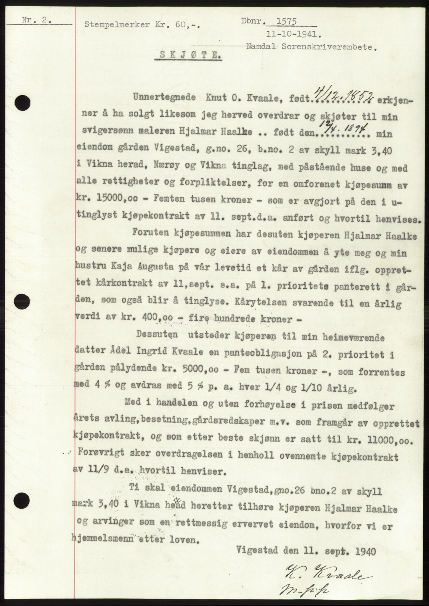 Namdal sorenskriveri, SAT/A-4133/1/2/2C: Pantebok nr. -, 1941-1942, Dagboknr: 1575/1941