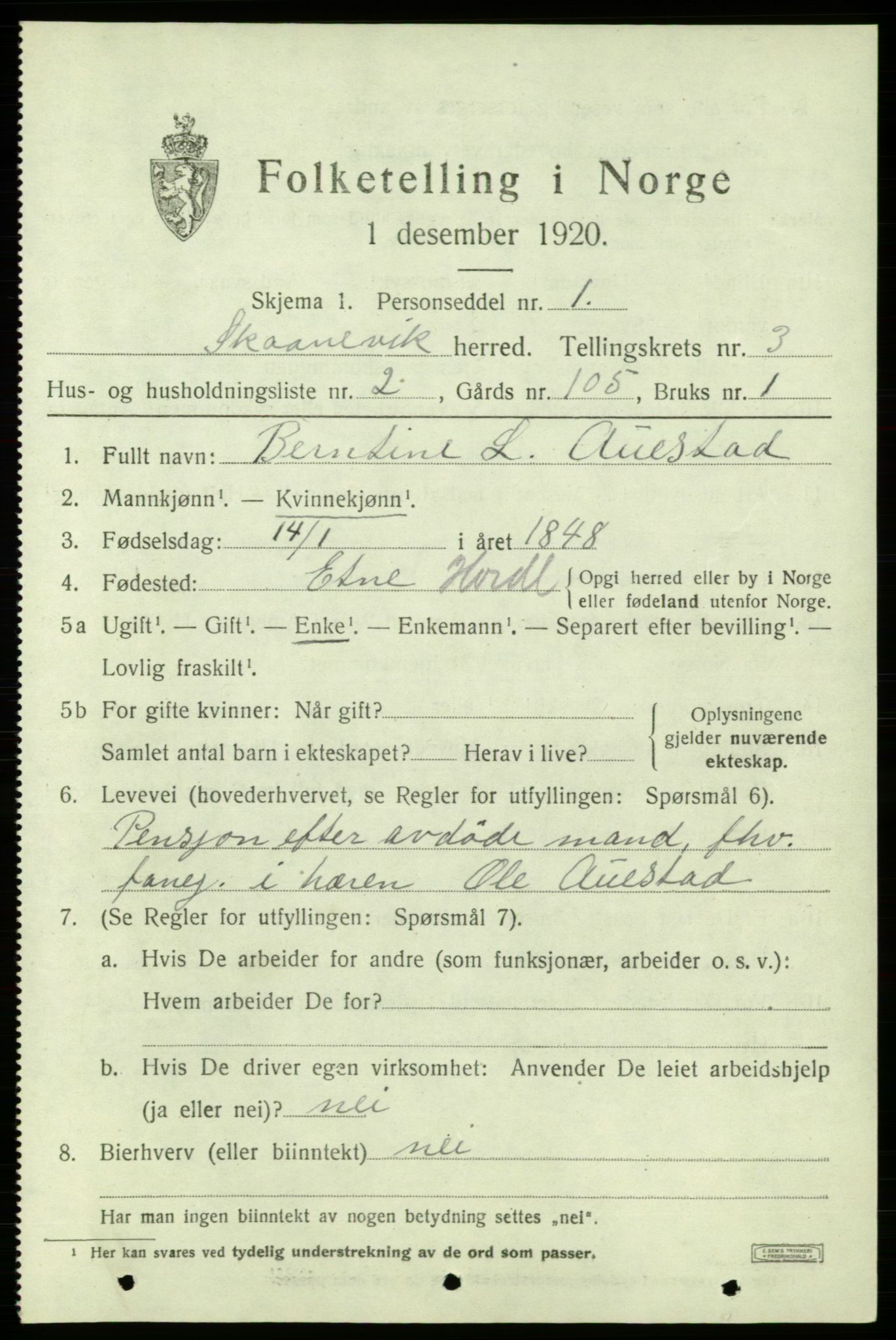 SAB, Folketelling 1920 for 1212 Skånevik herred, 1920, s. 2797