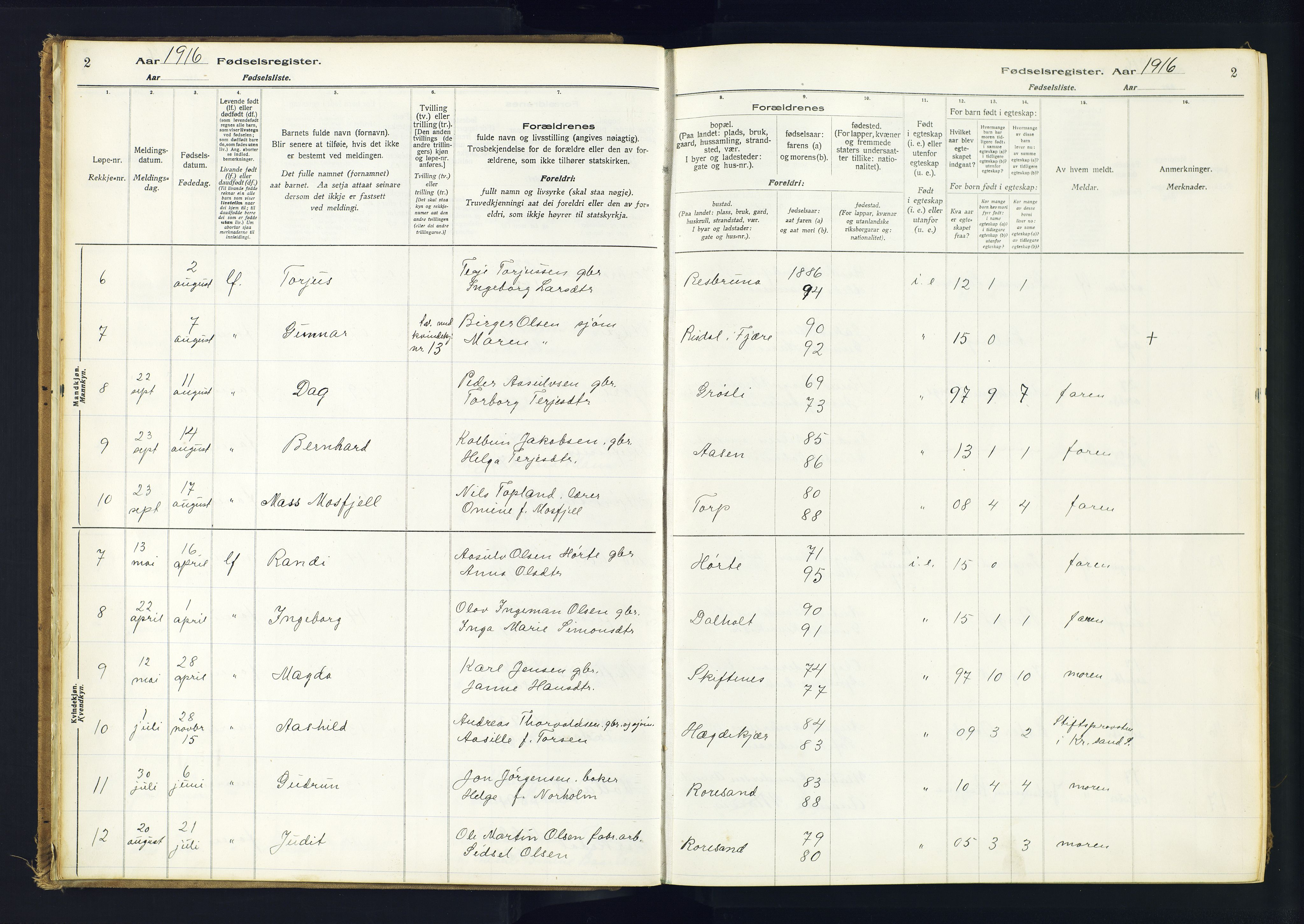 Hommedal sokneprestkontor, AV/SAK-1111-0023/J/Jd/L0001: Fødselsregister nr. 1, 1916-1962, s. 2